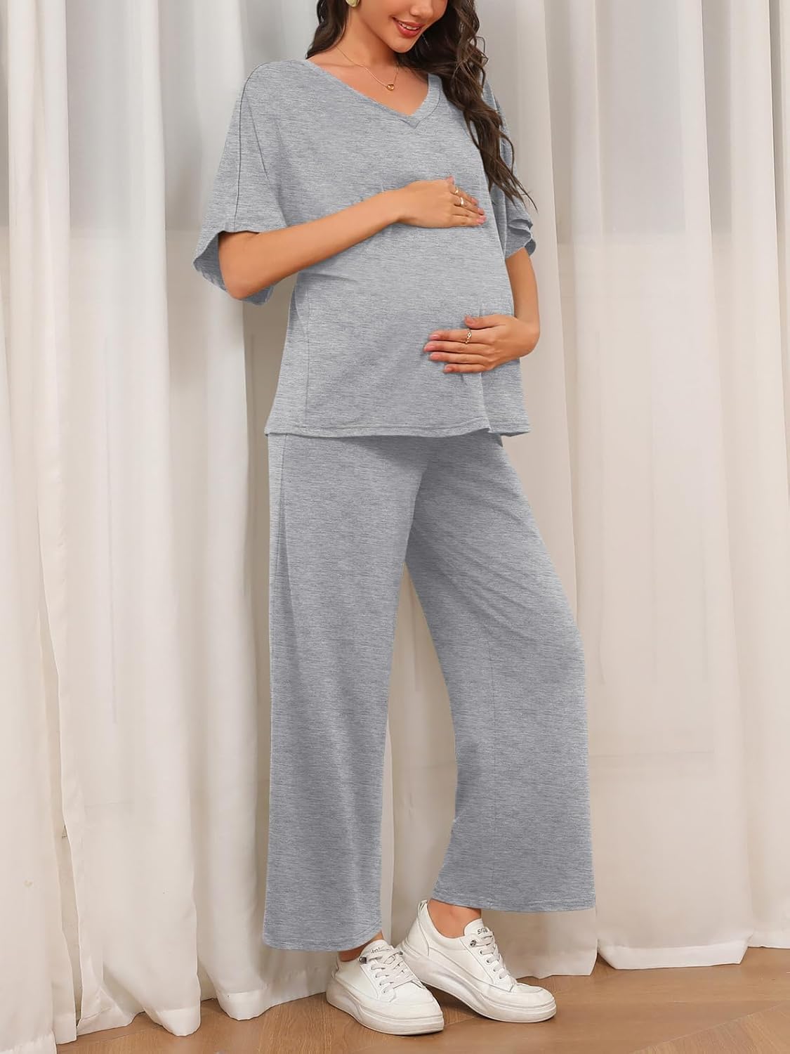 Tankaneo Womens Maternity Pajamas 2 Piece Lounge Set Soft Short Sleeve V Neck T-shirt Cropped Pants Pregnancy Loungewear - Image 4