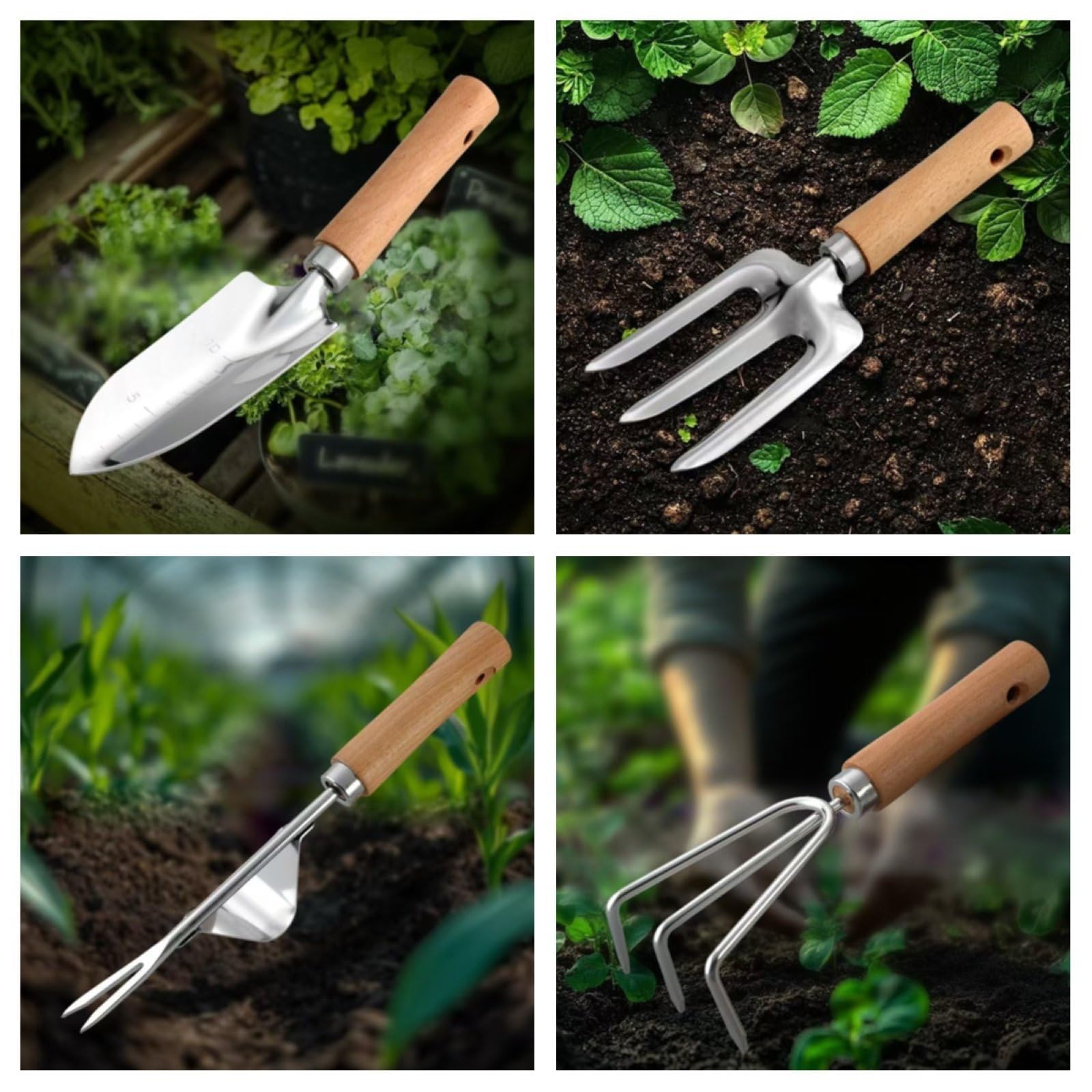 9-teiliges Gartenwerkzeug-Set, Hochwertiges Gartenset aus Edelstahl mit Holzgriff zum Pflanzen, Graben und Beschneiden, mit Robuster Tasche,Braun