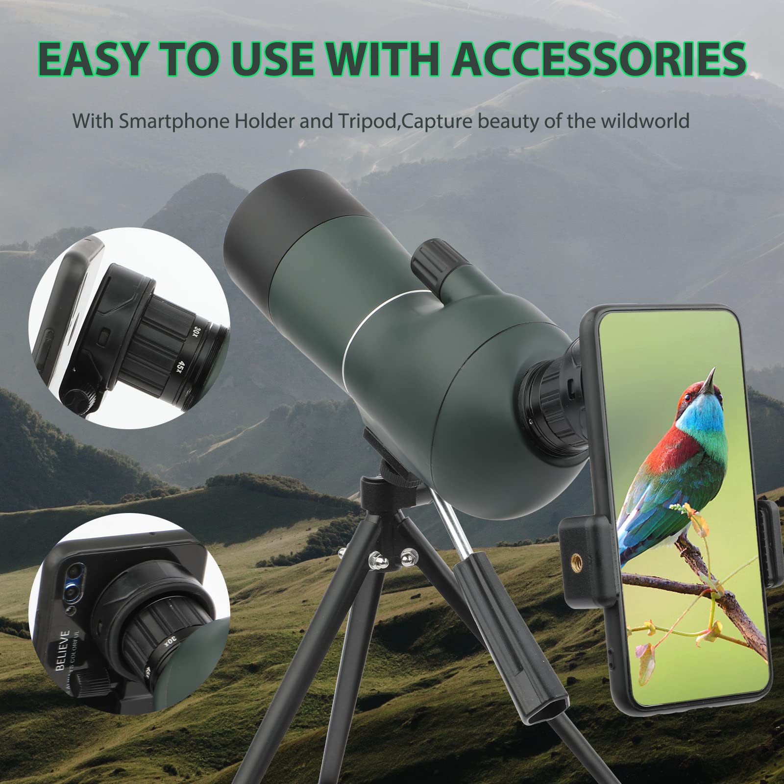 Cannocchiale con Treppiede, Borsa per il Trasporto e Adattatore per Smartphone, FMC Ottica Bak4 Prisma Telescopio Spotting Scope con Smartphone Adapter per Tiro a Segno Birdwatching Caccia (Green)