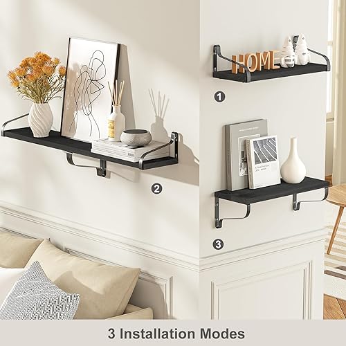 Vista 6 de Love-KANKEI Juego de 4 estantes flotantes negros para pared, estantes de pared de madera de 15.7 pulgadas con soporte, estantes colgantes rústicos