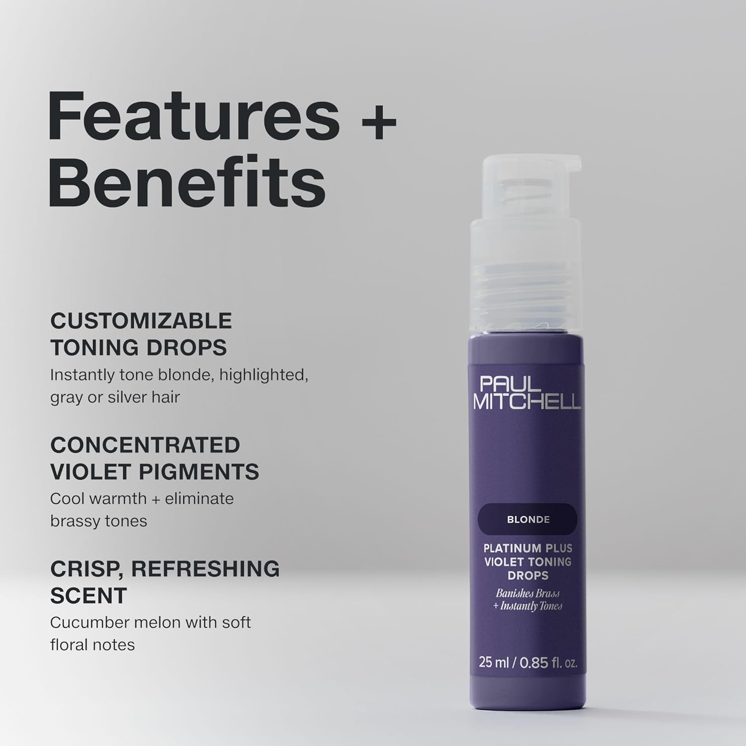Paul Mitchell Platinum Plus Violet Toning Drops, Banishes Brass + Intensely Tones, Ideal for Blonde, Highlighted, Gray or Silver Hair, 0.85 fl. oz