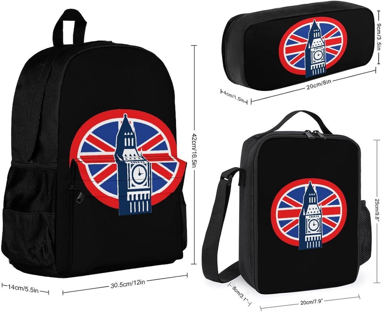 London Big Ben Backpack Set with Shoulder Bag Lunch Bag Pencil Case 3 Piece Cute Daypack Sets image 2