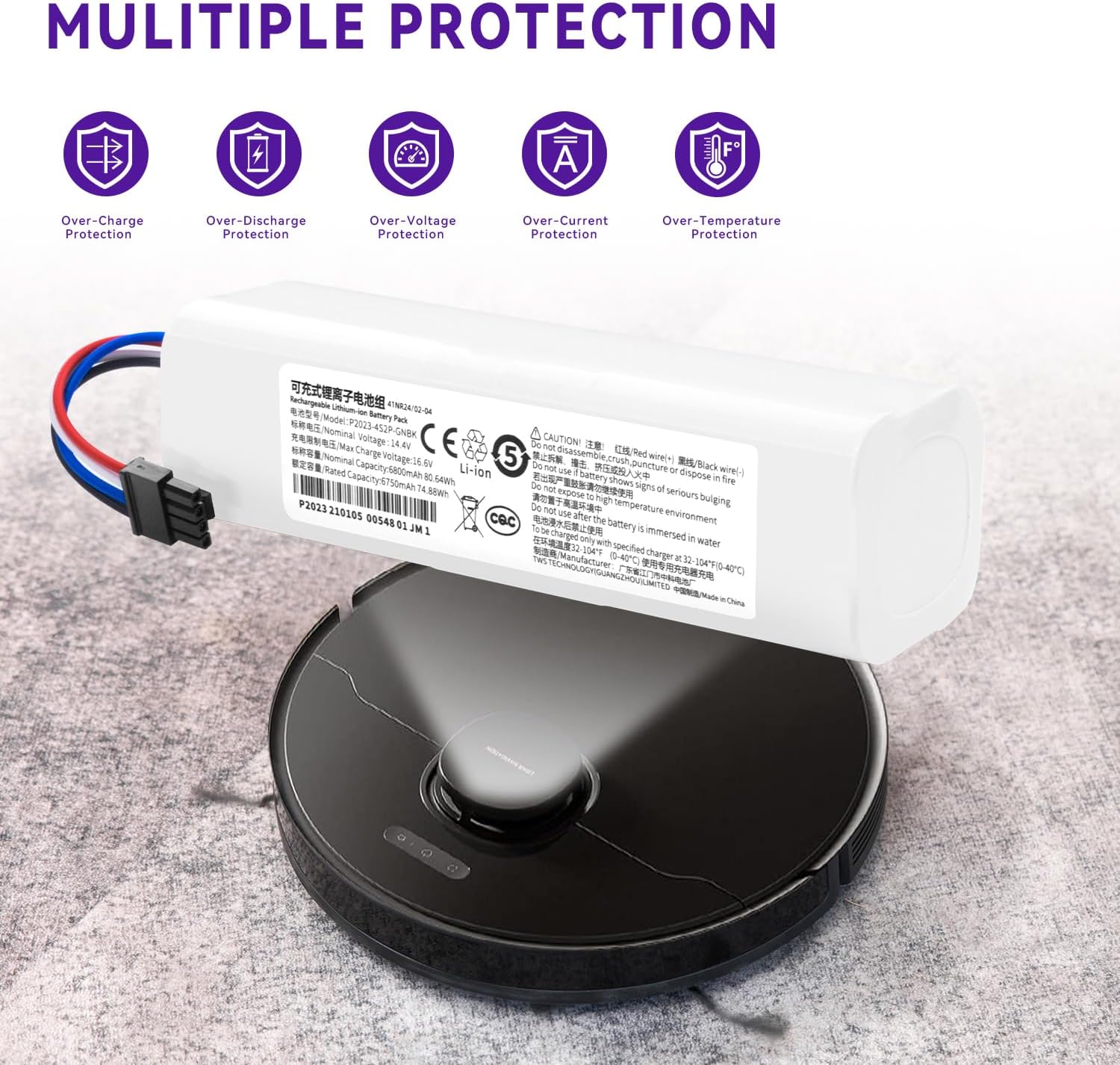P2008-4S2P-MMBK Battery Replacement for Dreame D10s L10s D9 Pro D10 L10 D10 Plus D9 Max RL55L L10 Pro RLS5-BL0 RLS5-WH0 D9 L10 Pro Plus Z10 Pro F9 RVS5-WH0 W10 Pro W10 Vacuum Cleaner 14.4V 6800mAh