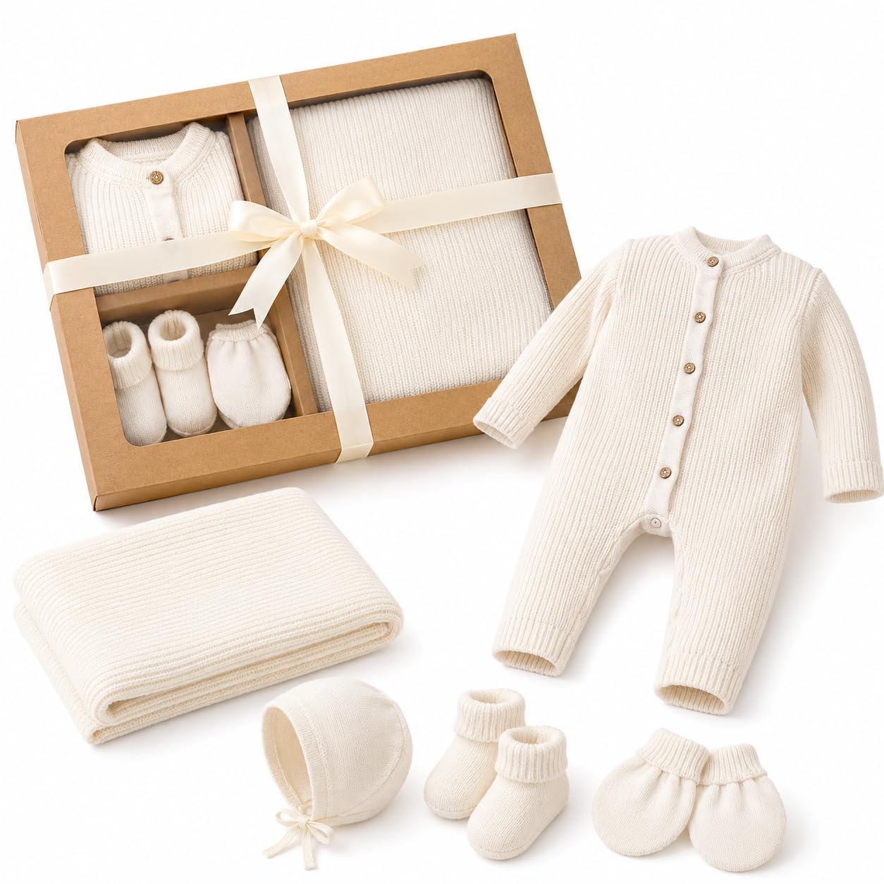 Bundle Bliss Zestaw upominkowy dla niemowląt ze 100% bawełny ekologicznej - śpioszki, koc, rękawiczki, czapka i buty | certyfikat GOTS | miękki, oddychający zestaw odzieży dla niemowląt i niemowląt (0