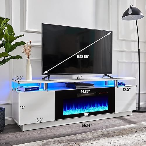 Miniatura 3 de AMERLIFE Soporte de TV con chimenea de 36 pulgadas, luces LED de centro de entretenimiento moderno de 70 pulgadas, armario de consola de TV de 2
