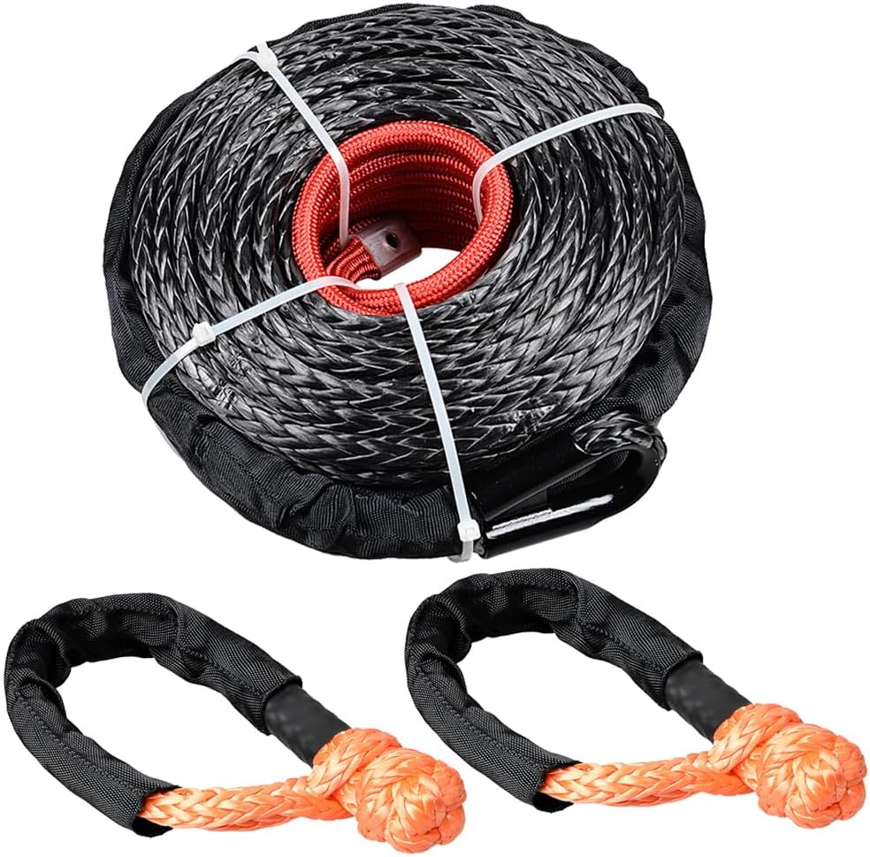 95ft 3/8" Black Synthetic UHMWPE Towing Winch Cable Rope 20,500lbs + Orange Soft Shackle 38,000lbs for Offroad Recovery Pickup Truck ATV UTV Boat