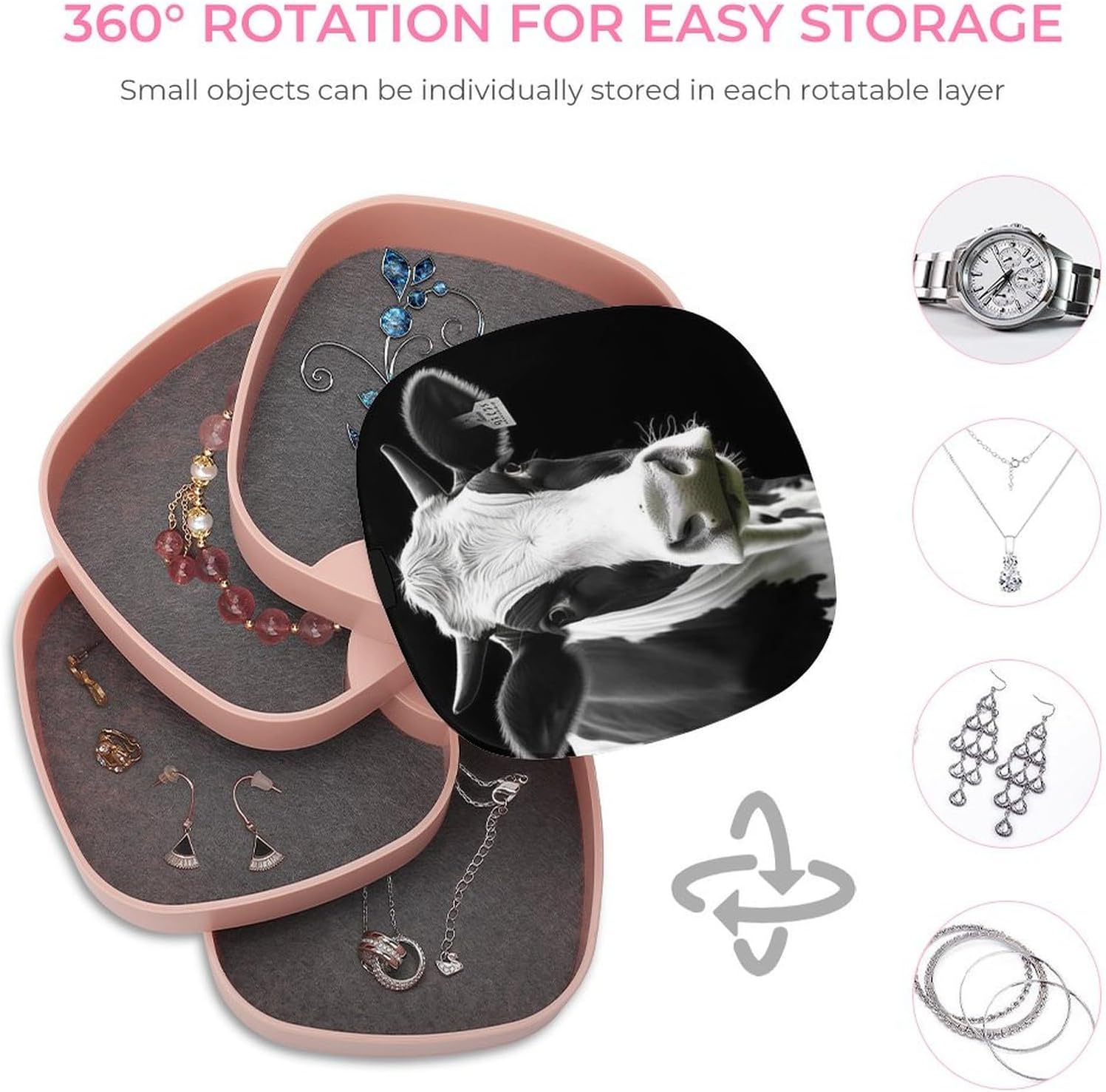 Small Jewelry Organizer Portable Animal Funny Cow Head Printed Jewelry Storage Box 4 Layer Rotating Travel Jewelry Tray Case with A Small Mirror For Necklaces Earrings And Rings image 4