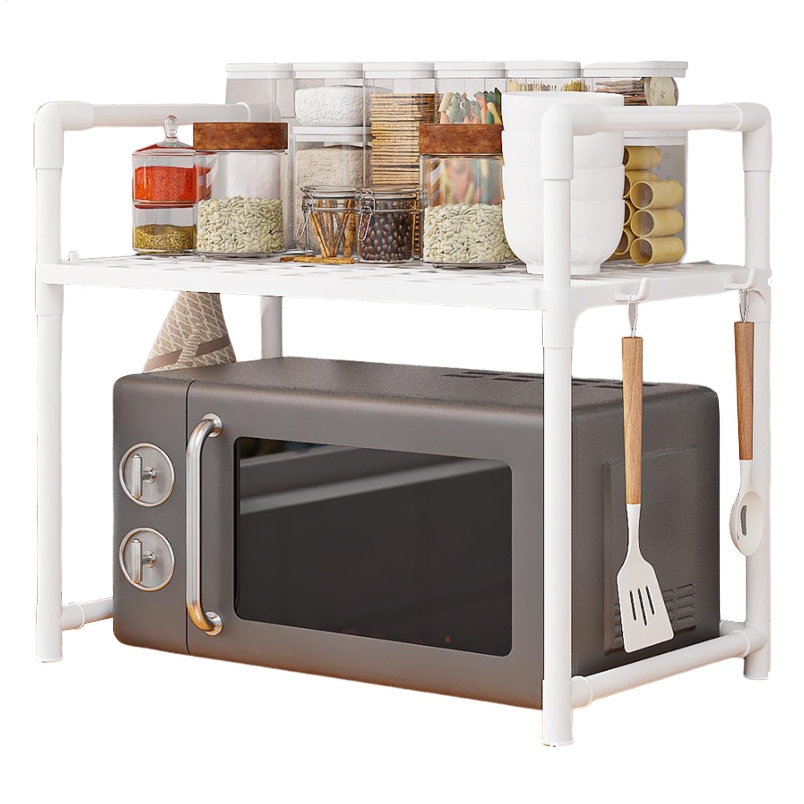 Estante para microondas, estantes de Cocina, Organizador de encimera, Estante de Almacenamiento Ajustable Resistente con Ganchos, estantes de Almacenamiento para ollas y Parrillas para Cocina