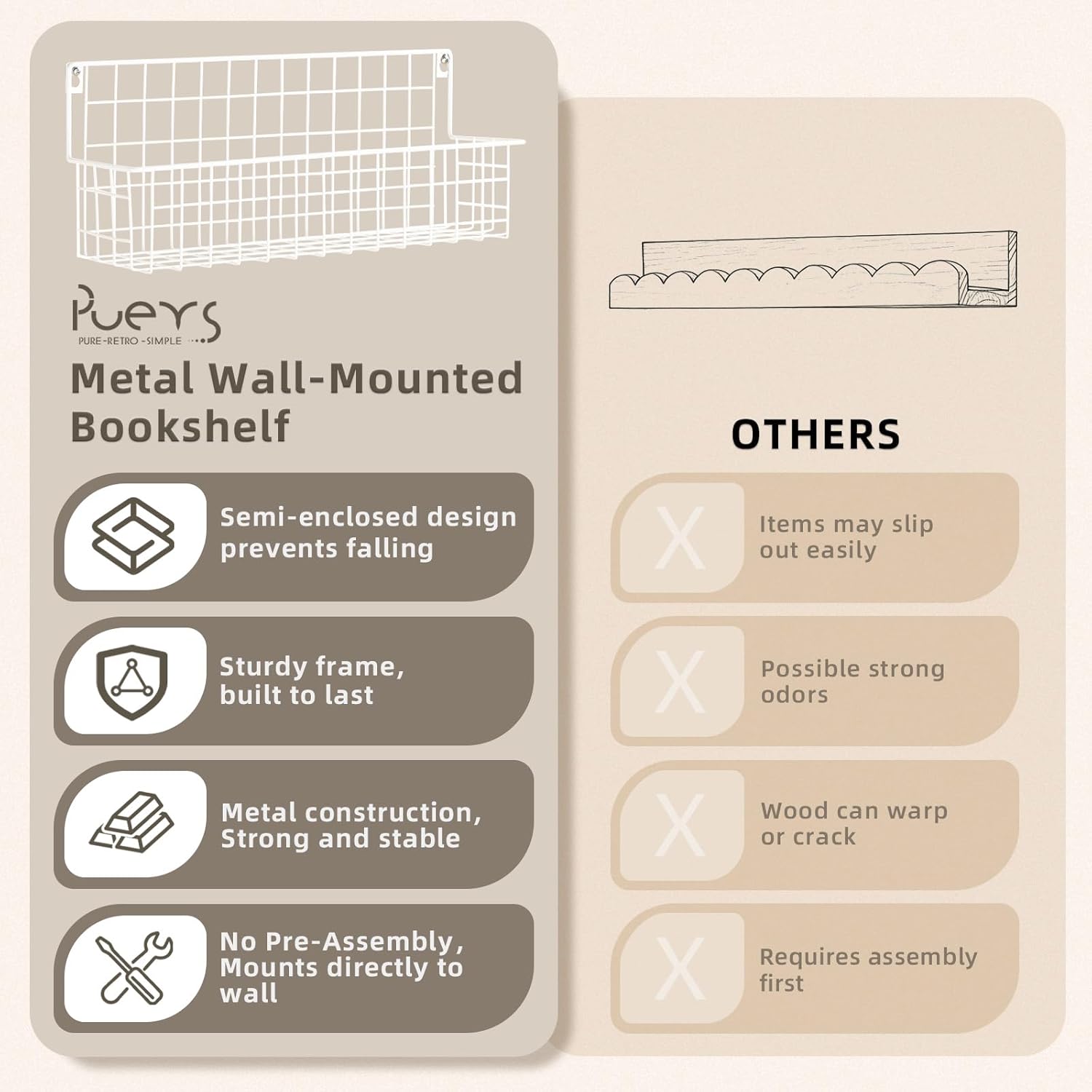 PUERSI 6-Pack Wall Mounted Bookshelf for Kids Rooms, Metal Nursery Shelves for Wall, Floating Book Shelves for Baby Boys Girls Bedroom Decor and Storage, White