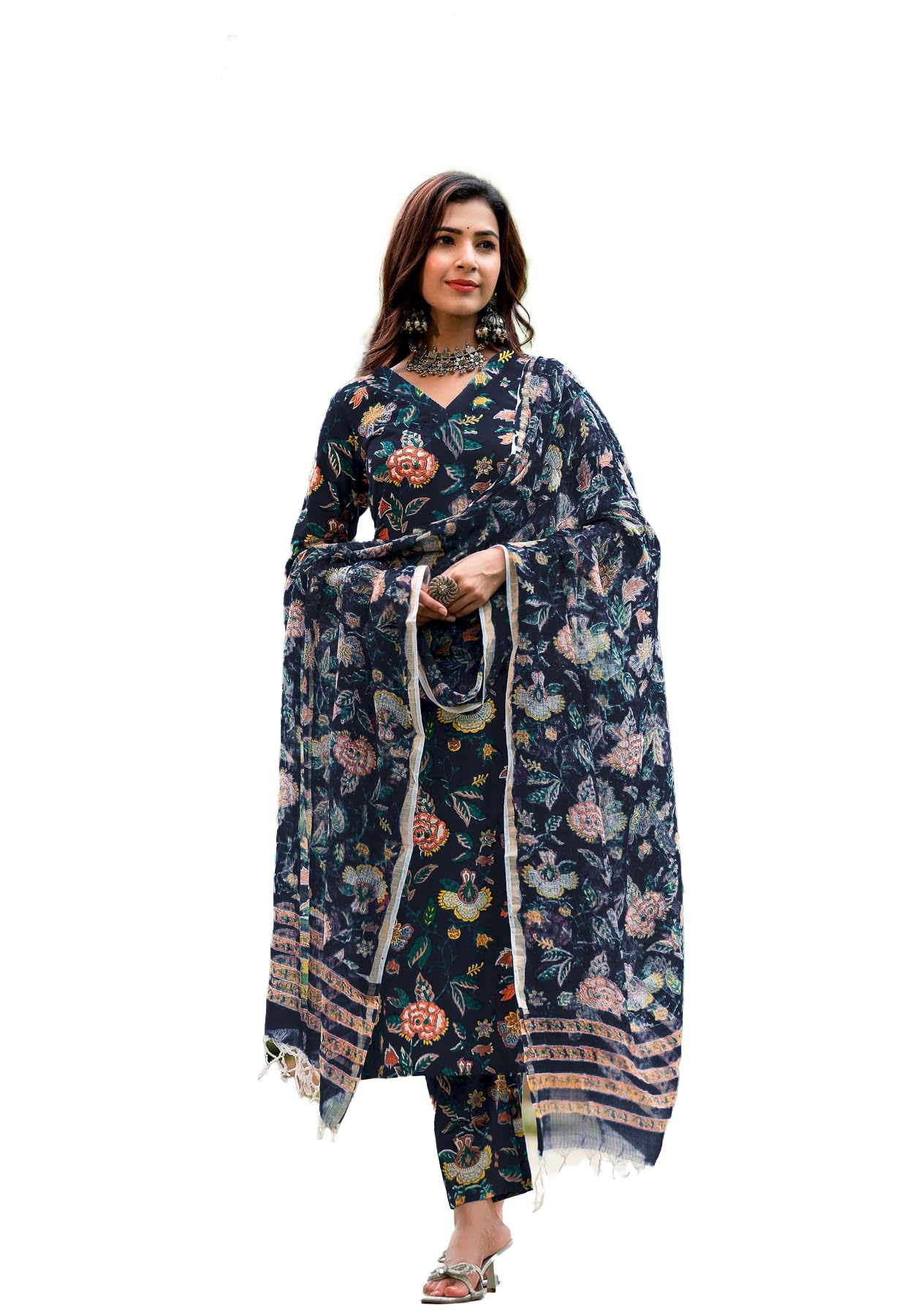 SMOWKLY Cotton Blend || Floral printed || 3/4 Sleeve || V-neck Dupatta set || Kurta pant & Dupatta set || 3 Piece Set for Women