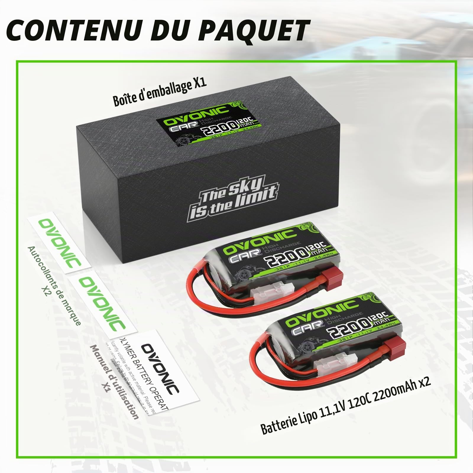 OVONIC Lot de 2 batteries Lipo 3s 11,1 V 120 C 2200 mAh avec prise Deans pour hélicoptère d'avion, spécialement conçue pour voiture RC RC 1:14 RC Car Avion