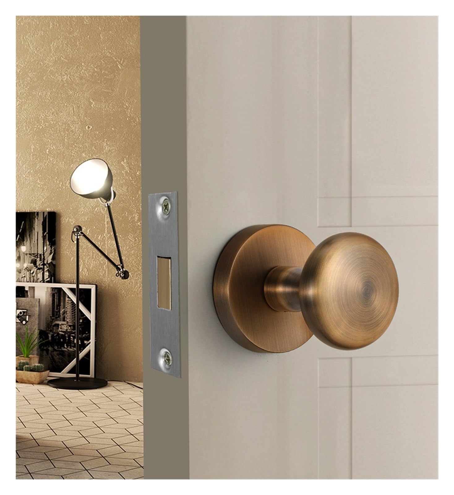 ZONSHJDKR Modern Simple Indoor Invisible Door Lock Zinc Alloy Handle Wooden Bedroom Room Magnetic(Copper Drawing)