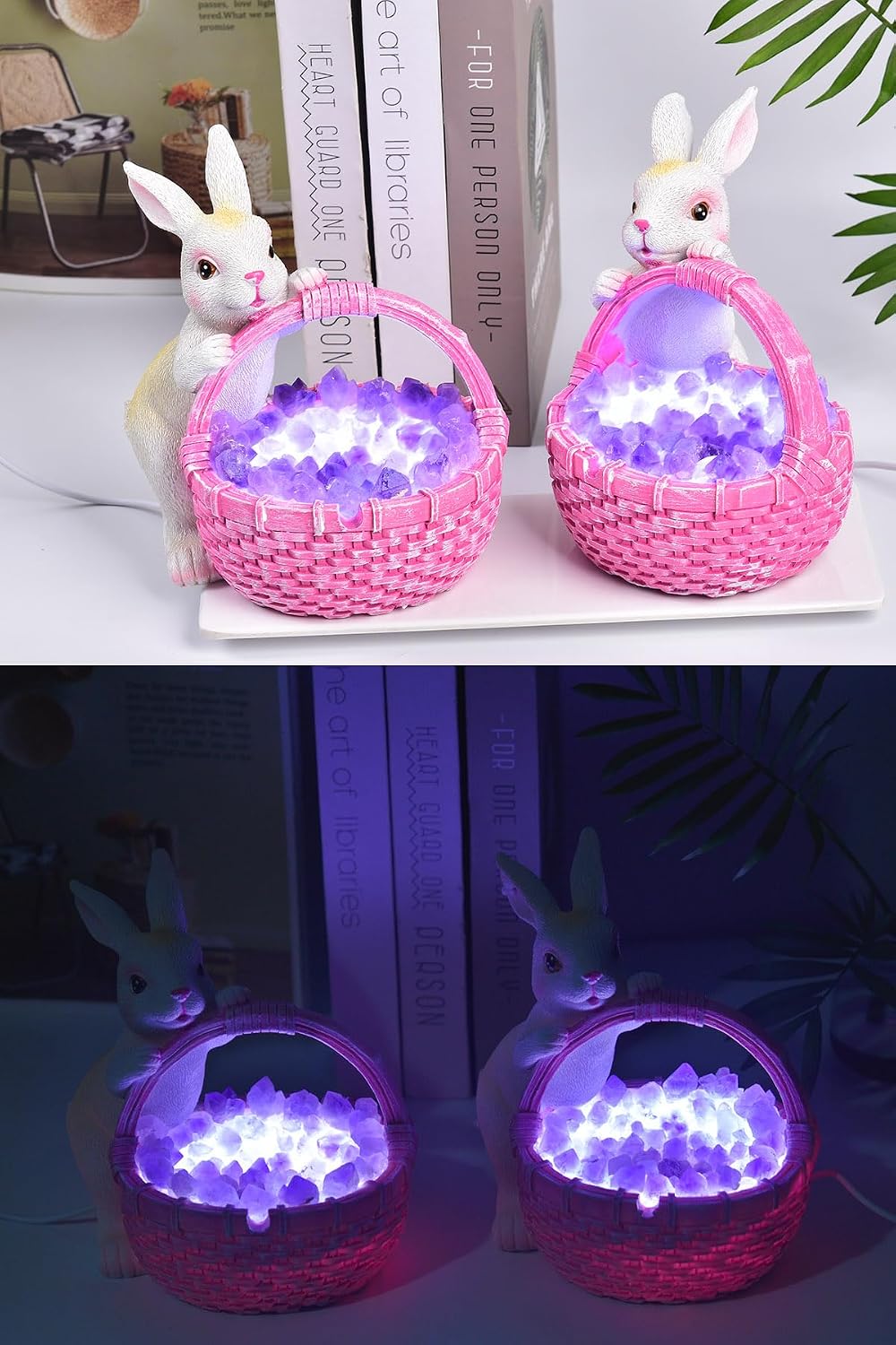 AMOYSTONE Amethyst Rabbit Night Light with Ceramic Sculpture, USB Powered Easter Home Decor Lamp for Bedroom Kids Room Gift