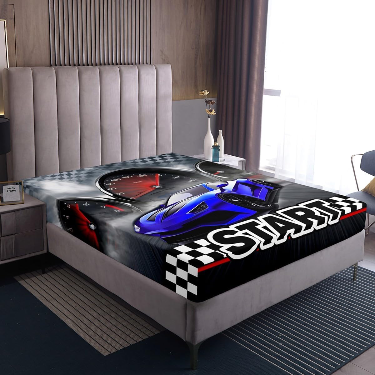 Erosebridal Race Car Fitted Sheet for Boys Kids Cool Sports Car Bedding Full Size Girls Man Extreme Sports Fitted Bed Sheet Blue Racing Car Print Black and White Grids Decor Bedding 3 Pcs