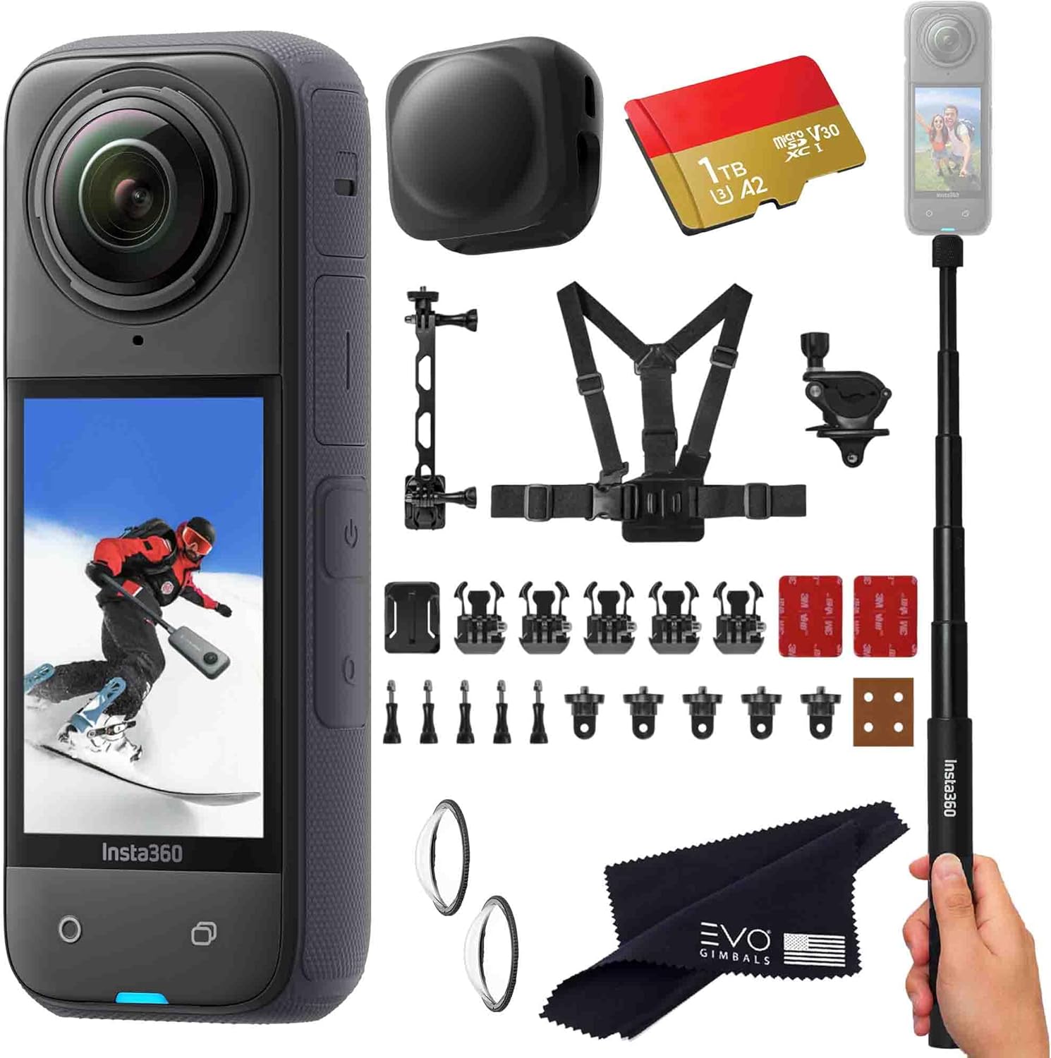 Insta360 X4 Snow Bundle- 8K Waterproof 360 Action Camera with 1/2"" 48MP Sensors, 8K 360 HDR Video, 72MP 360 Photo, |Includes New Snow Bundle, Selfie Stick, Lens Cap (1TB), Black