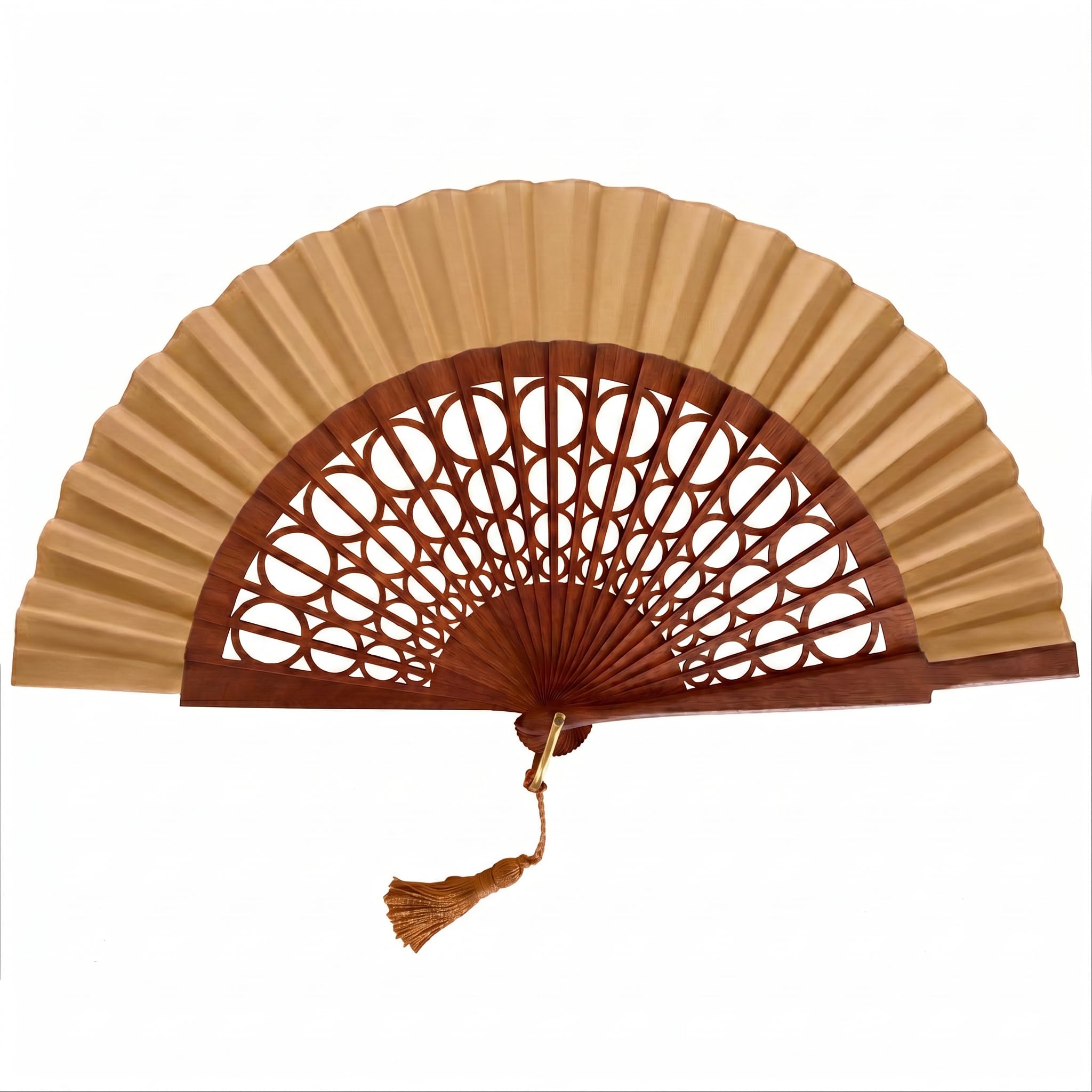 Abanico Español Artesanal 100% Algodón y Madera de Sipo Grande para Mujer Camel Esfera