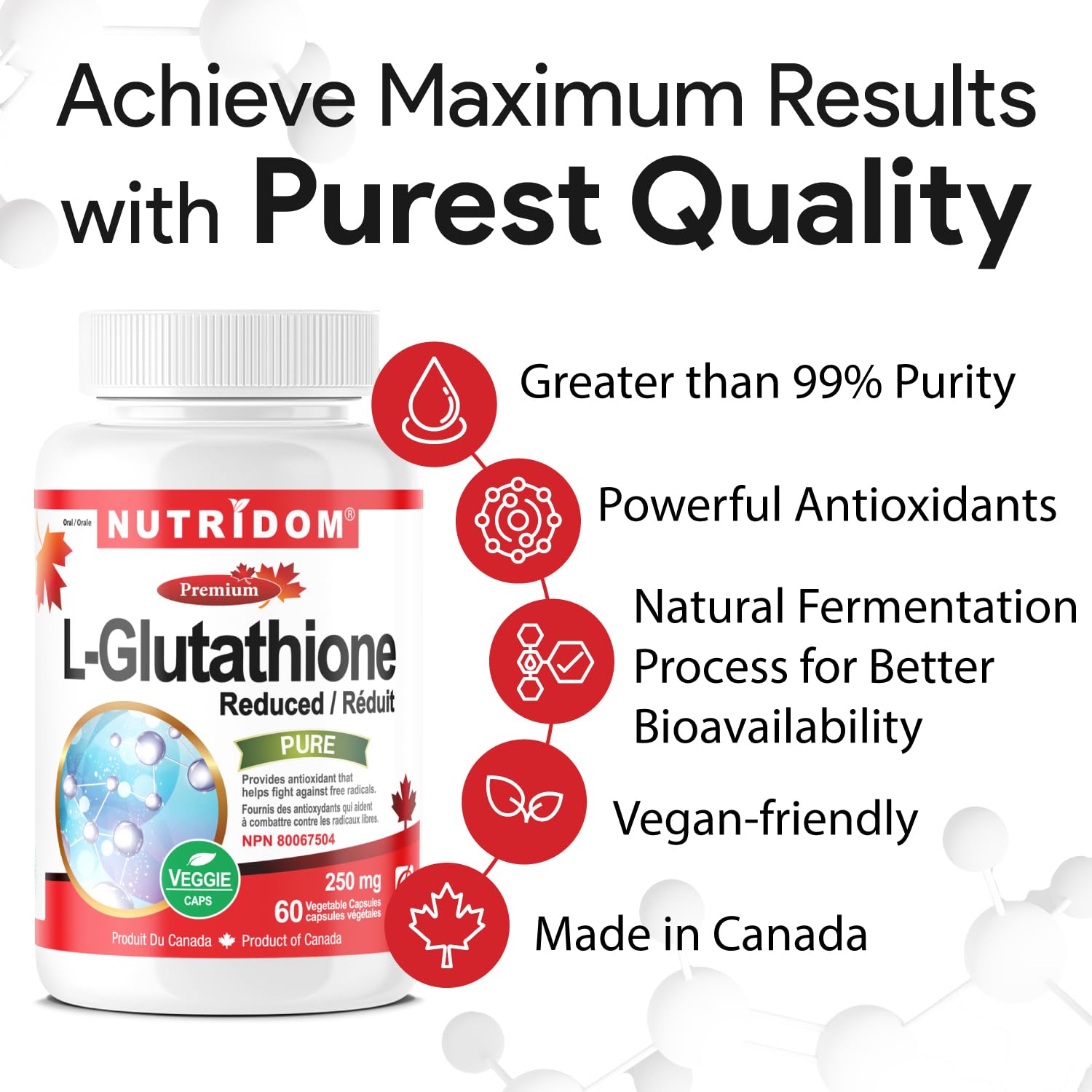 Nutridom L-Glutathione 250mg, Reduced Glutathione Supplement for Antioxidant Support, Non-GMO, Vegan, Gluten-Free, Soy-Free, Dairy-Free, No Additives & Fillers (60 Veggie Capsules) Health & Personal Care