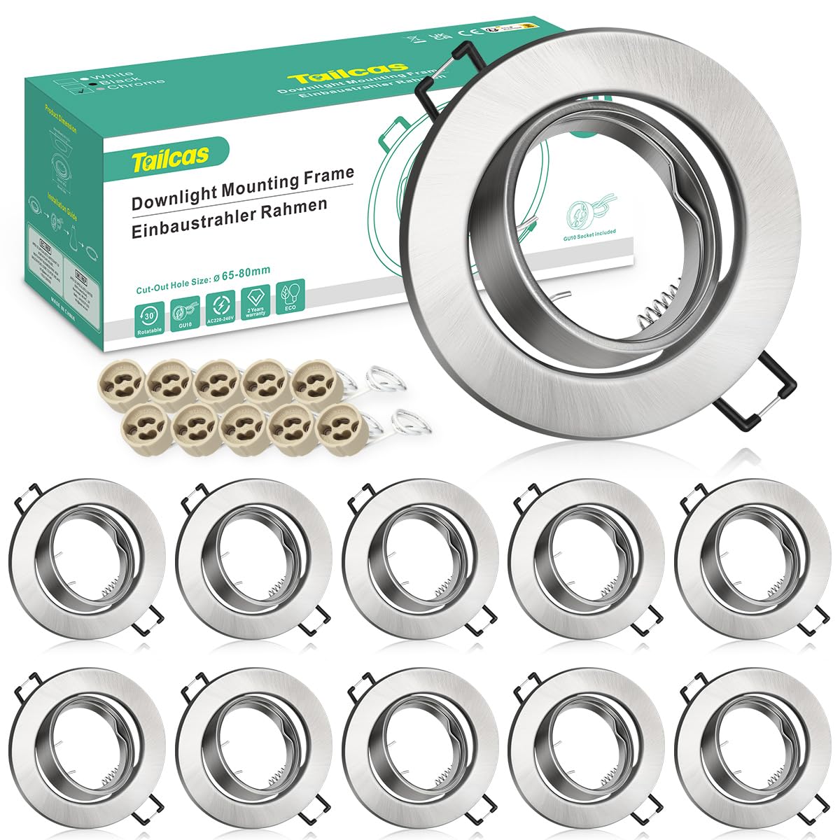 Tailcas Recessed Spotlight GU10 Frame Set, 10 Adjustable Ceiling Spotlights Round Brushed Metal Mounting Frame Incl. GU10 Socket 230V, Mounting Hole Diameter 70mm, for LED or Halogen Lamps