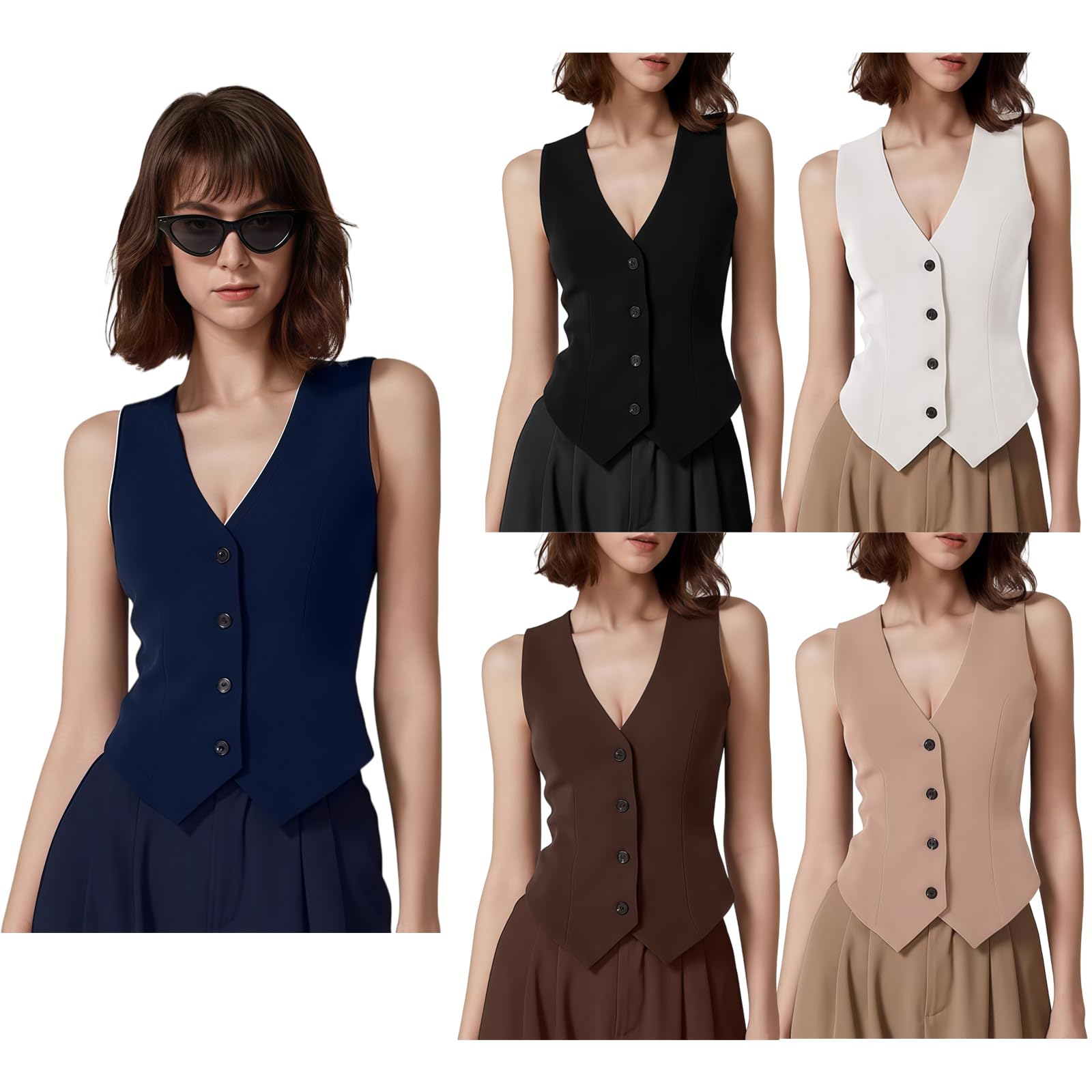 Gilet Donna Elegante, Gilet da Donna Elegante con Scollo A V Estivo Slim con Bottoni Senza Maniche Blazer Giacca Tinta Unita Waistcoats Top per Il Lavoro Quotidiano.
