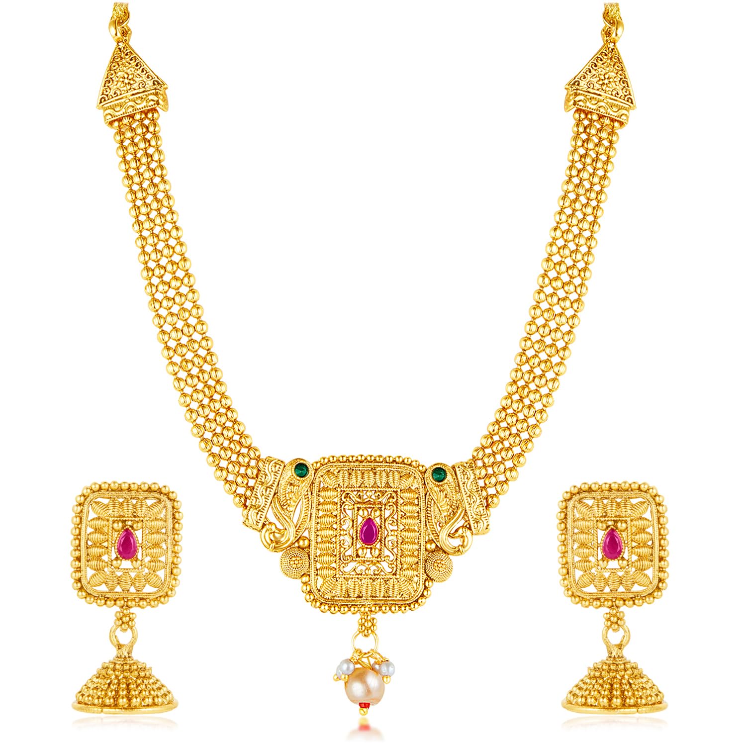 Peora Gold Plated Rani Pink Green Synthetic Stone & Pearl Studded Necklace & Jhumki Earrings Ethnic Jewellery Set for Women & Girls (B0D7CTL4NK) Amazon Price History, Amazon Price Tracker