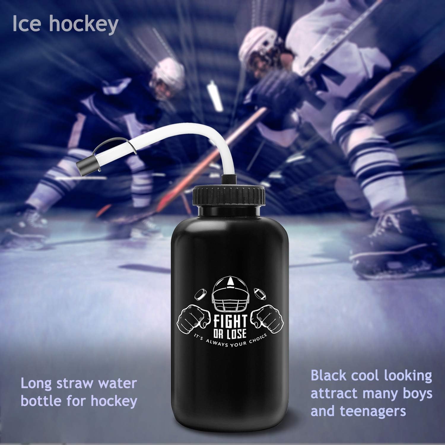 Hockey Water Bottles with Long Straw, Fit for Football Lacrosse Gym Sport, Plastic Squeezable Leakproof BPA Free, No Strange Smell, Easy to Clean, 1 Liter 32 oz (3 Straw Caps) (black) - Image 6