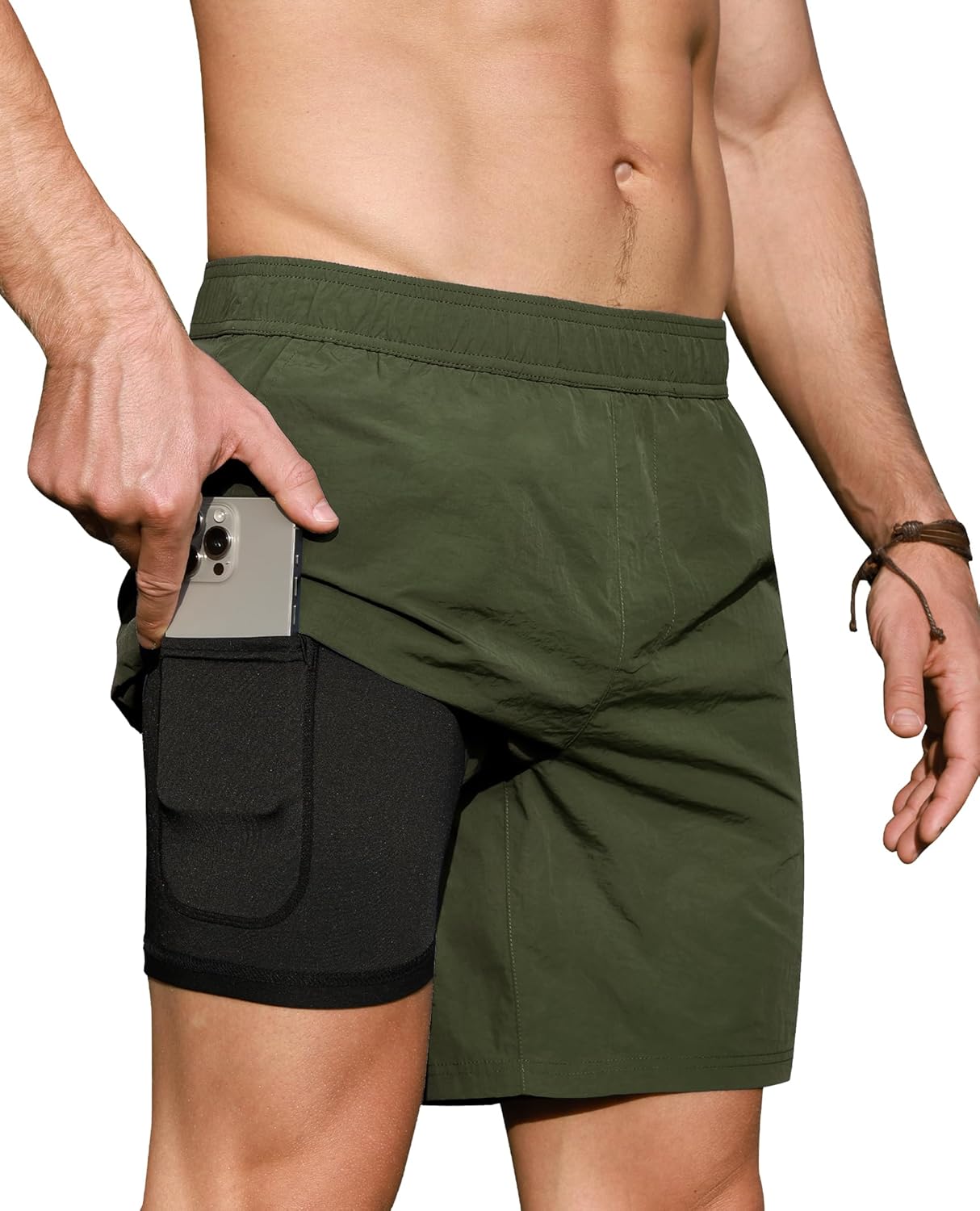 Milin Naco Mens Swim Trunks: 7 Inch 2 in 1 Compression Liner Quick Dry Water Resistant Breathable Stretchy Pockets Swimming Oliver Green Small