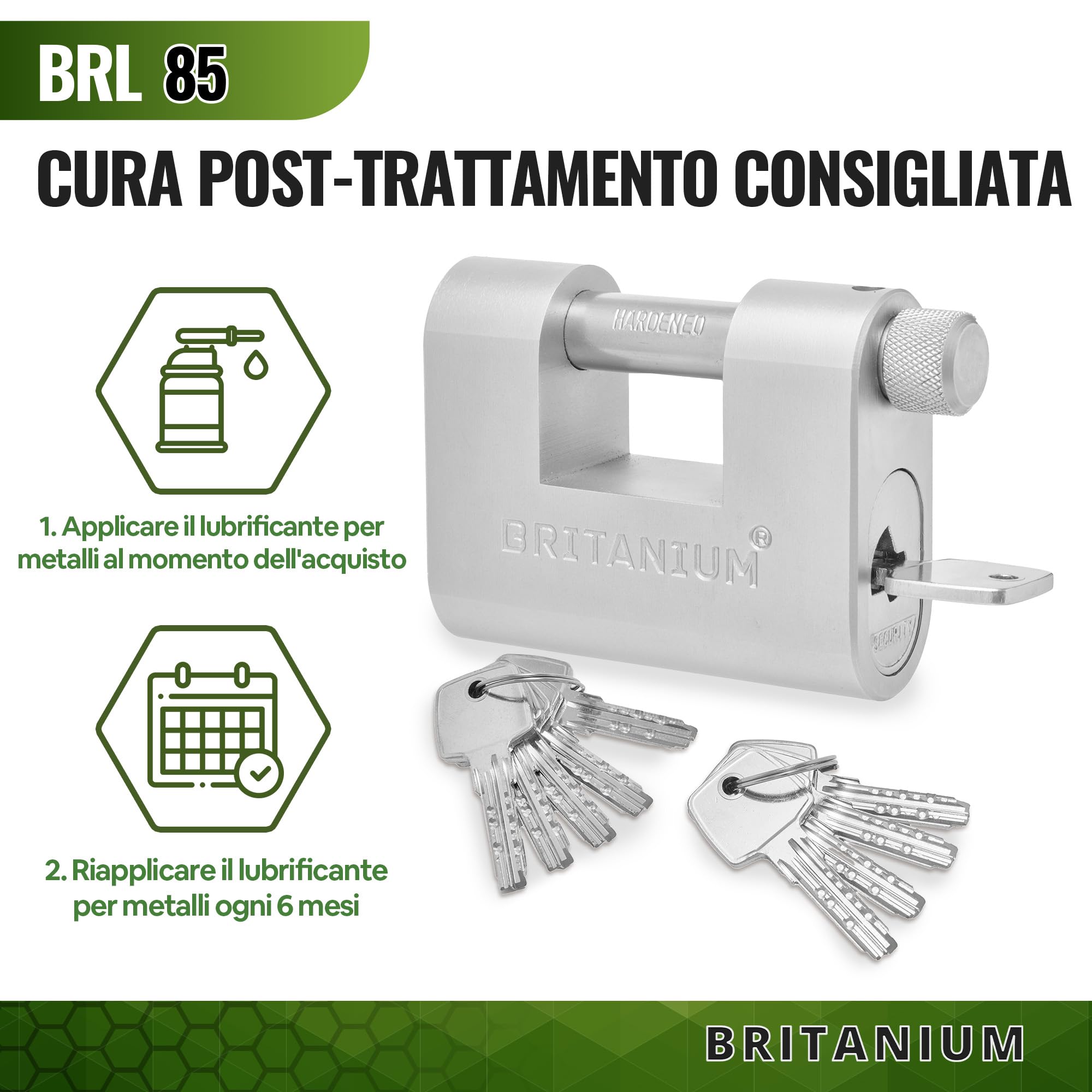 BRL85 Lucchetto Antiscasso Corazzato - Serratura per Cancello Esterno, Garage e Container - Lucchetto Monoblocco con 10 Chiavi, Alta Sicurezza per Magazzino e Saracinesca Blindata
