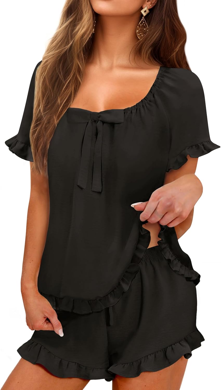 KFUBUO Womens Pajamas Set 2 Piece Ruffle Pj Soft Short Sleeve Tops and Shorts Sleepwear Set Cute Pajama Sets for Women