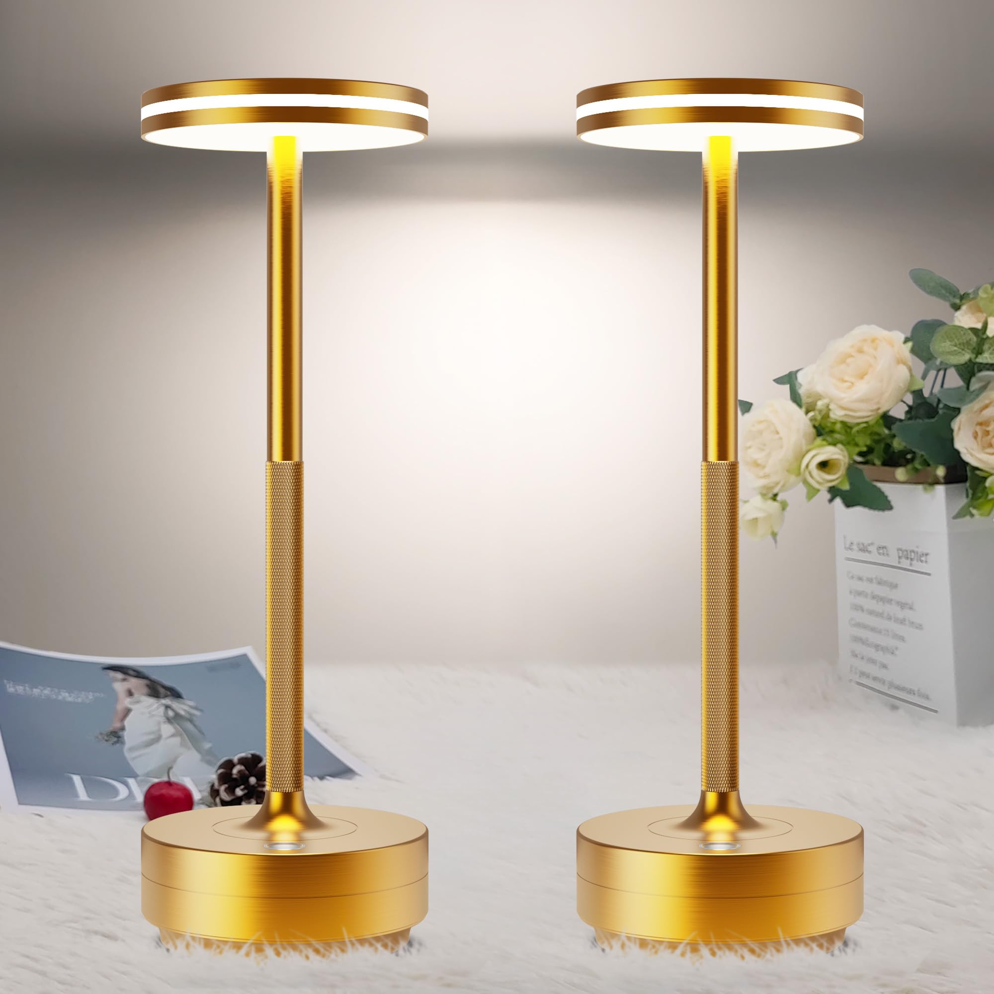 bravzurg 2 Stück LED Akku Tischlampe Kabellos, Modern Dimmbar 5000mAh Tischleuchte Kabellose, Aluminium, Wasserdicht, Tischlampen USB Aufladbar für Outdoor Indoor Restaurant Nachttisch Terrasse