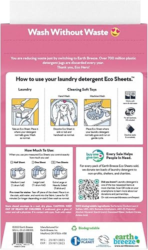 Miniatura 2 de Earth Breeze Sábanas de detergente para lavandería fórmula para bebés sin jarra de plástico 60 cargas 30 hojas tecnología sin líquido