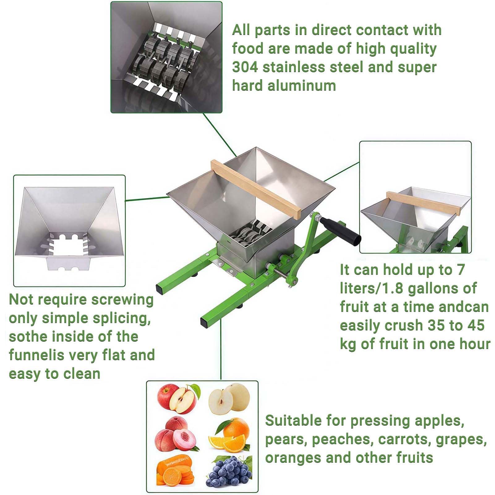 Trituradora de manzanas, trituradora manual de 7 litros, trituradora de frutas portátil de acero inoxidable para prensar vino y sidra, ideal para jugo fresco y sidras de temporada