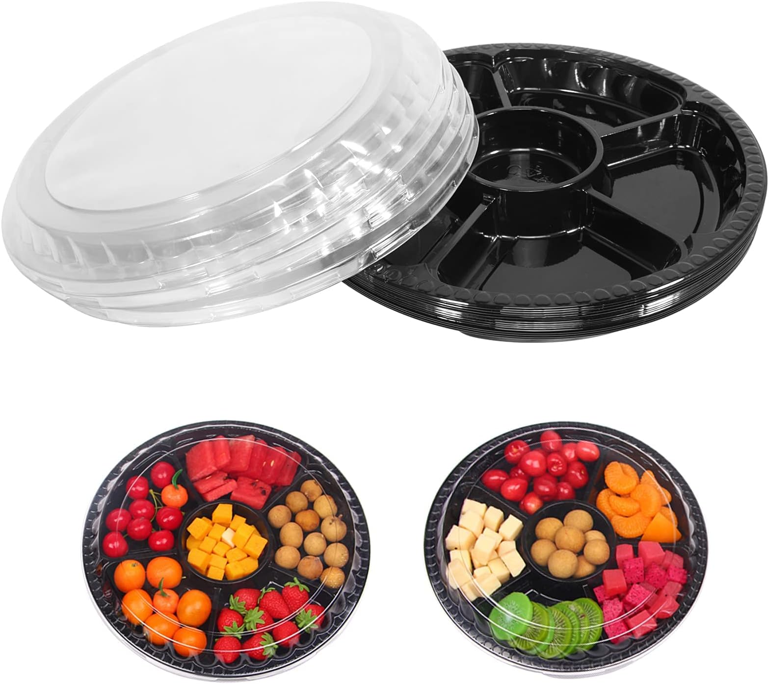 Nalacal 10 Pcs Round Plastic Appetizer Tray With Lid,Divided Serving Tray, Disposable Food Storage Trays Containers, Storage,Fruit Platter Vegetable For Party And Buffet 10.4 Inch
