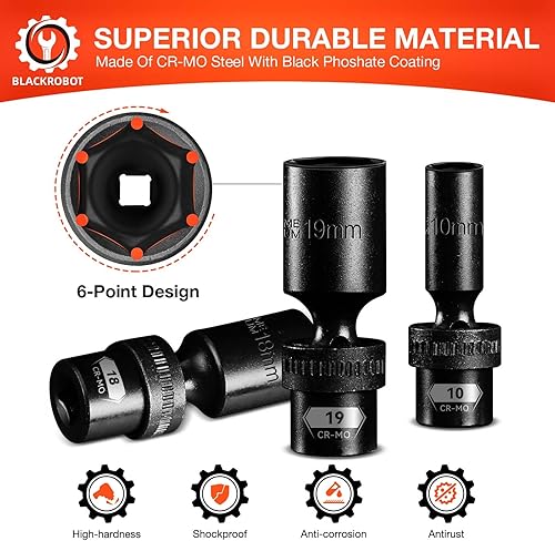 Miniatura 4 de BLACKROBOT Juego de dados giratorios de 38 pulgadas, juego de llaves de impacto universal de 14 piezas, métricas (0.394-0.748 in), juego de enchufes