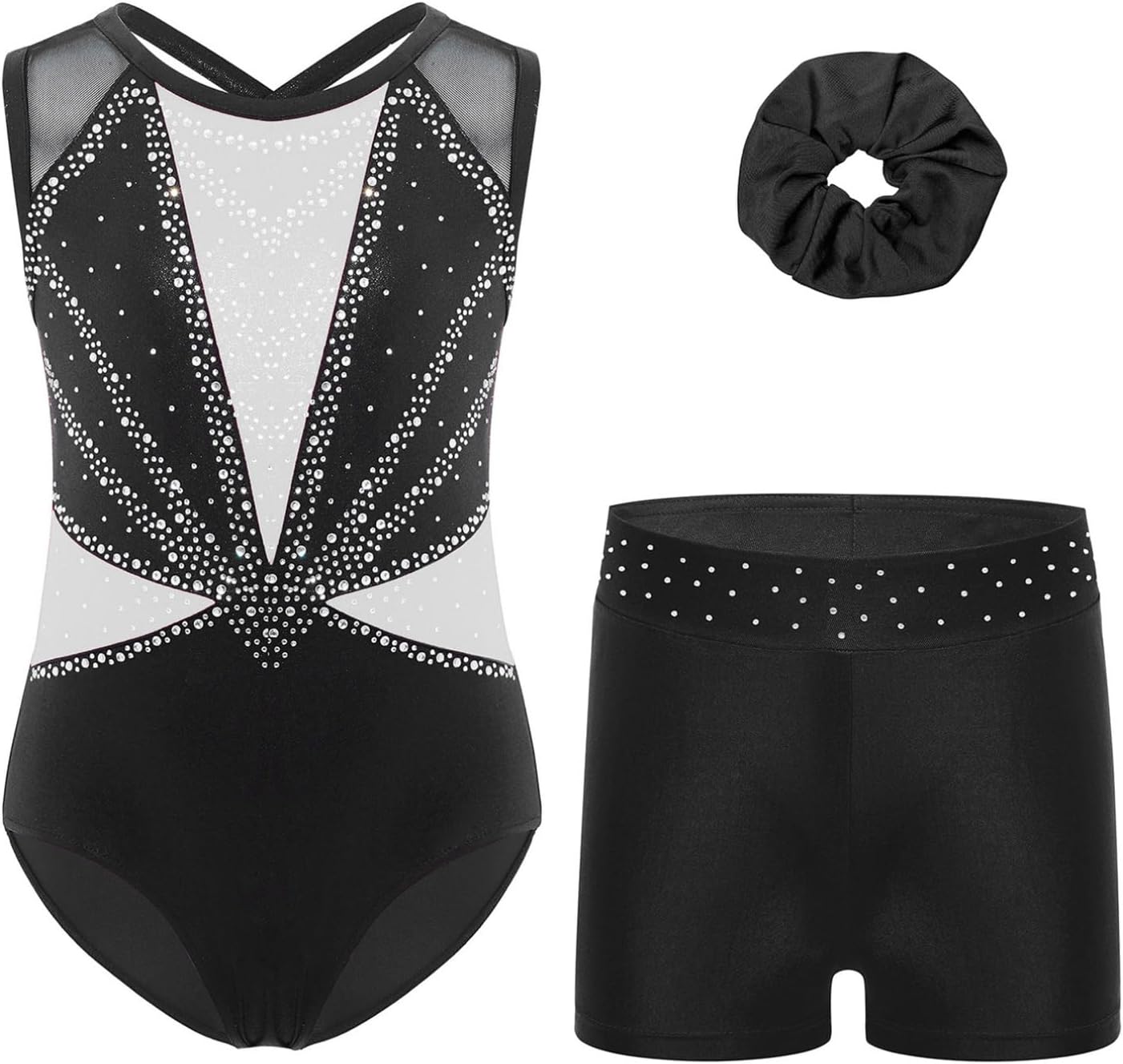 YiZYiF Kids Girls Gymnastic Bodysuit with Shorts Hairband Set Tumbling Outfits Sparkly Athletic Dance Leotard