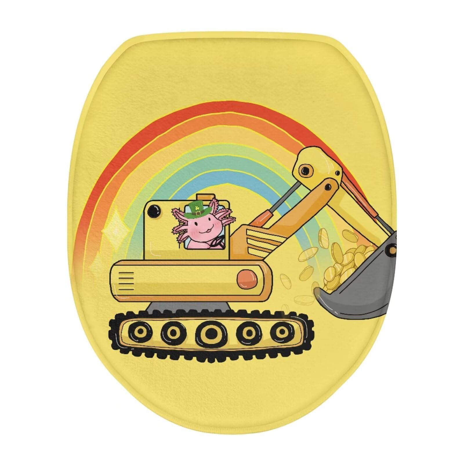 Uorisanigo Rainbow Yellow Excavator Toilet Seat Covers for Toddlers Boys Kids Soft Fabric Toilet Lid Covers for Bathroom Round Fit Different Sizes of Toilet Lid Bathroom