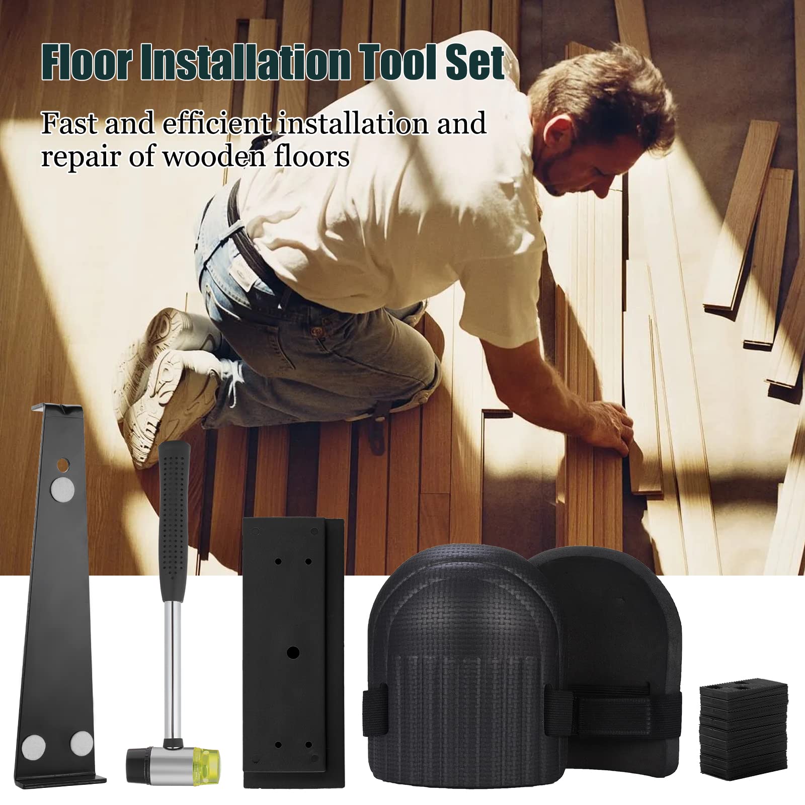Set di posa in vinile con set di installazione per pavimenti in legno, con 40 distanziatori, martello a doppia testa, filettatura e barra di trazione