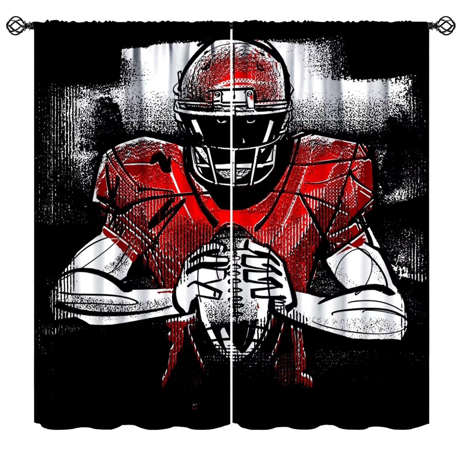 Mchenxin American Football Player Curtains for Boys Bedroom, Vintage Graffiti Red Black Rugby Football Player Sports Themed Blackout Window Drapes for