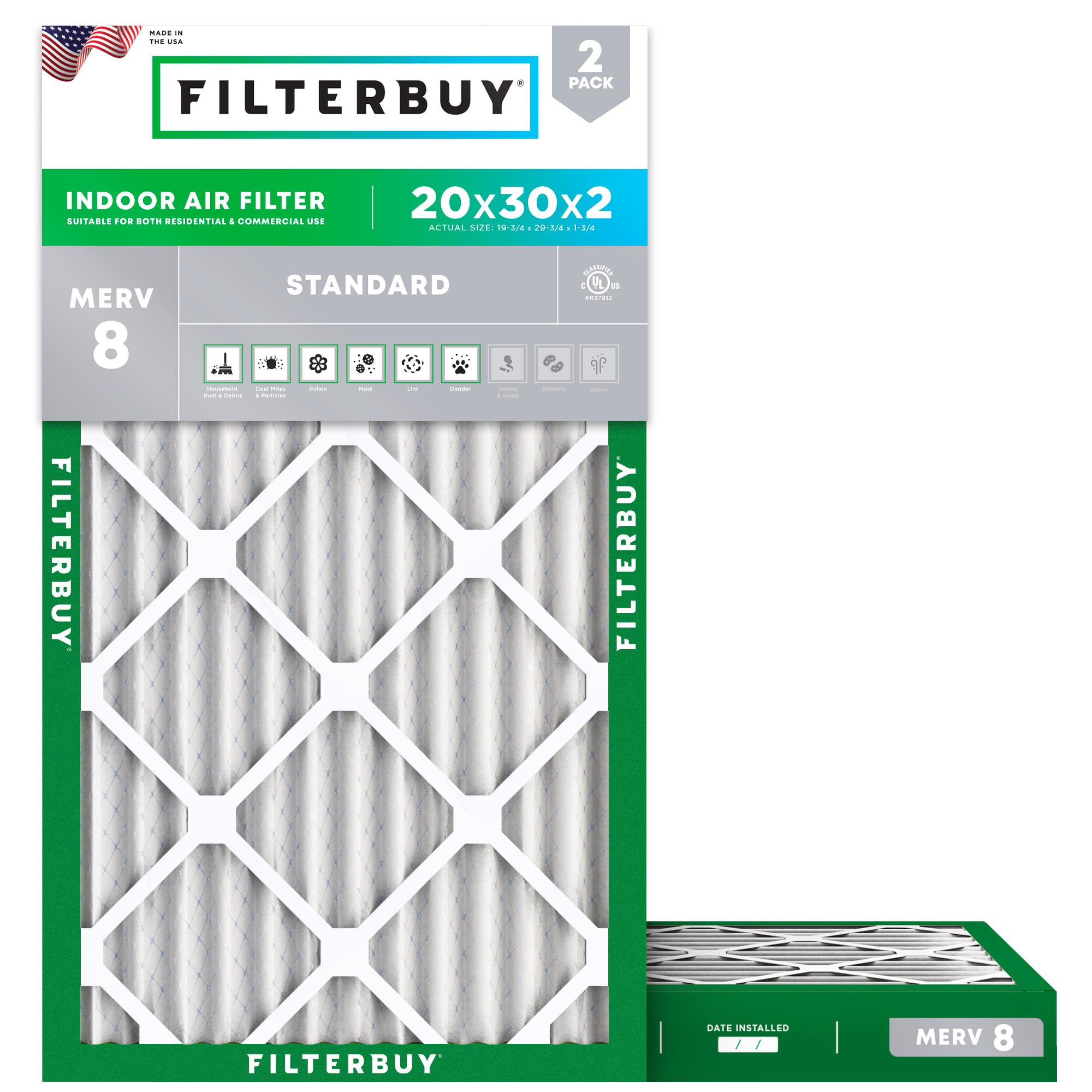 Filterbuy 20x30x2 Air Filter MERV 8 2-Pack