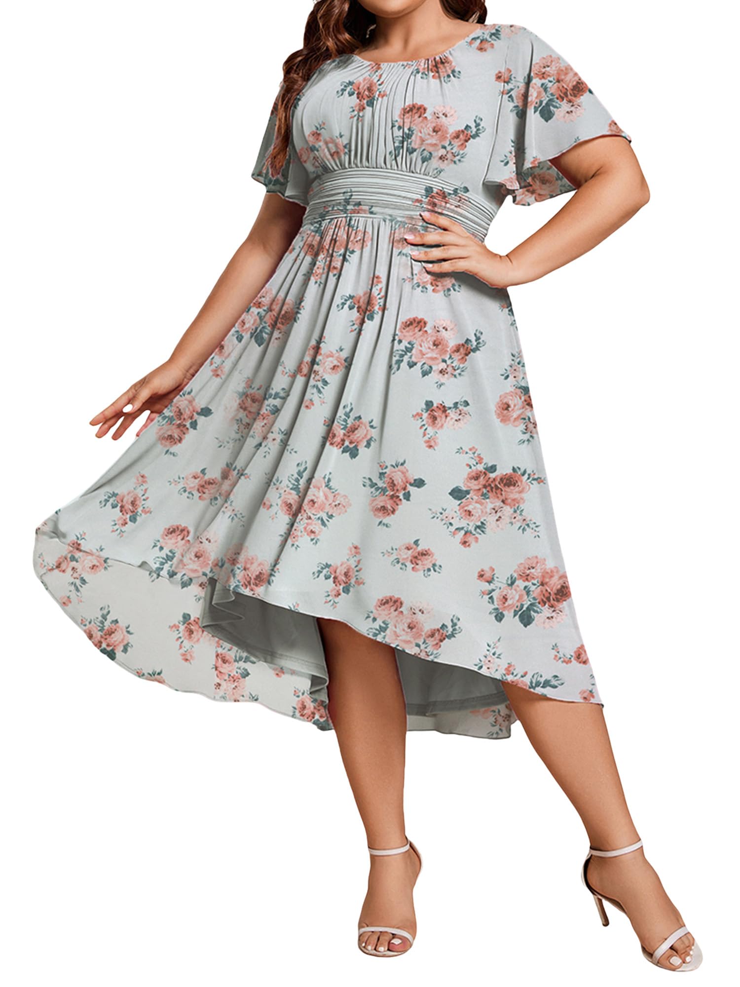 Ever-Pretty Women's Plus Size Formal Wedding Guest Dresses for Curvy Women A Line Chiffon Midi High Low Cocktail Dress