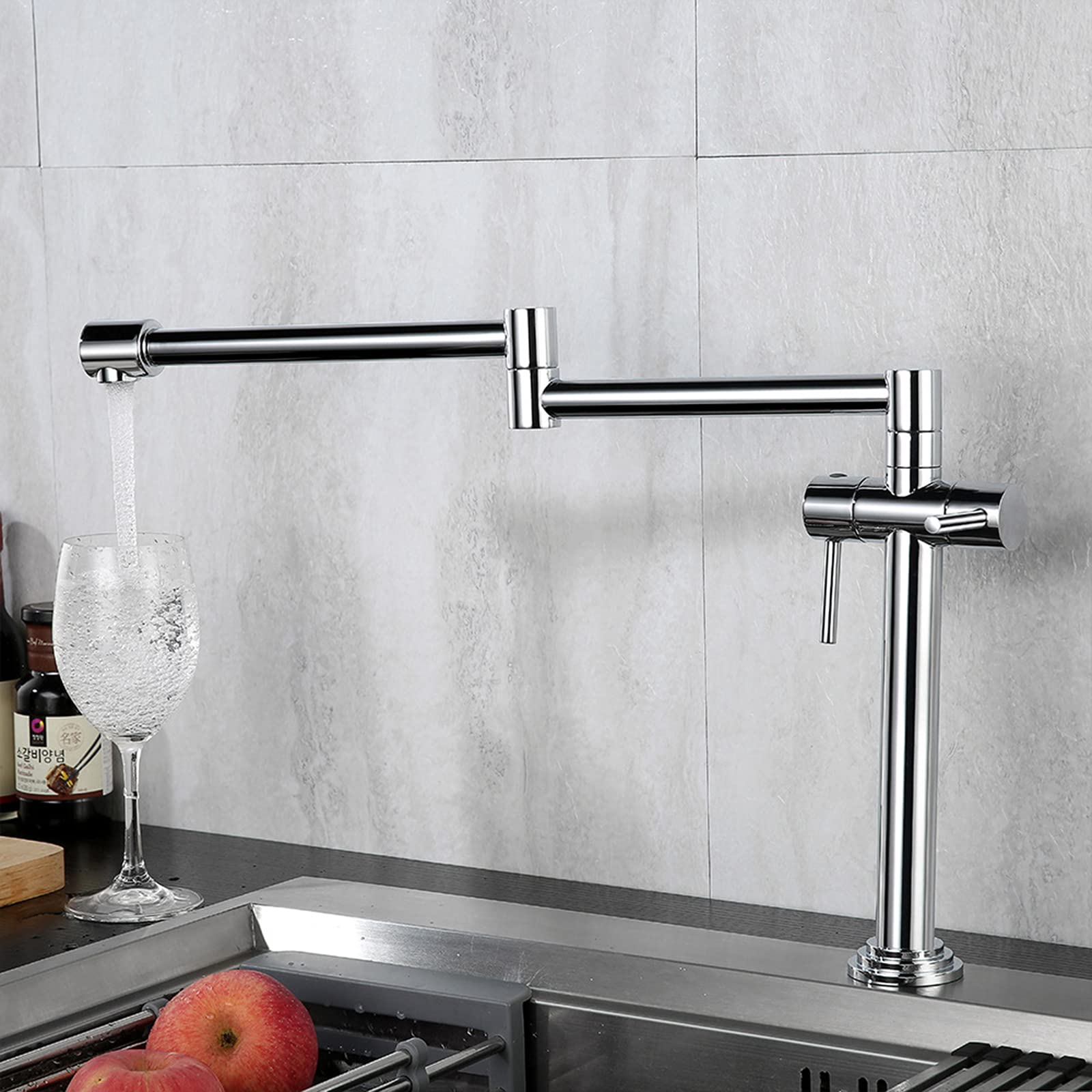 Grifo de cocina Agua fría y caliente Grifos de fregadero de cocina comercial Grifo de llenado de ollas de latón Plegable Estirable Doble articulación Brazos oscilantes Dos manijas Montado en cubierta,