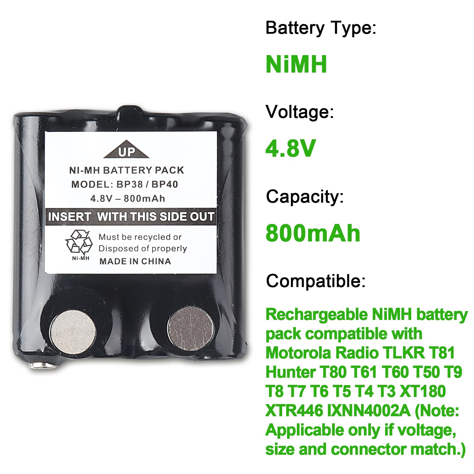 2 Pezzi 4,8 V 800m Ah Batteria Ricaricabile Ni-MH Compatibile con Radio Motorola TLKR T81 Hunter T80 T61 T60 T50 T9 T8 T7 T6 T5 T4 T3 XT180 XTR446 IXNN4002A, AAA Batteria