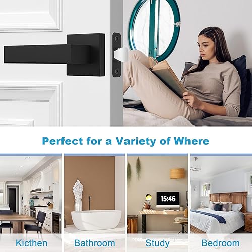 Vista 12 de Estmoon Paquete de 2 manijas de puerta de paso, pomos de puerta color negro mate, manijas de puerta cuadradas interiores, manijas resistentes sin