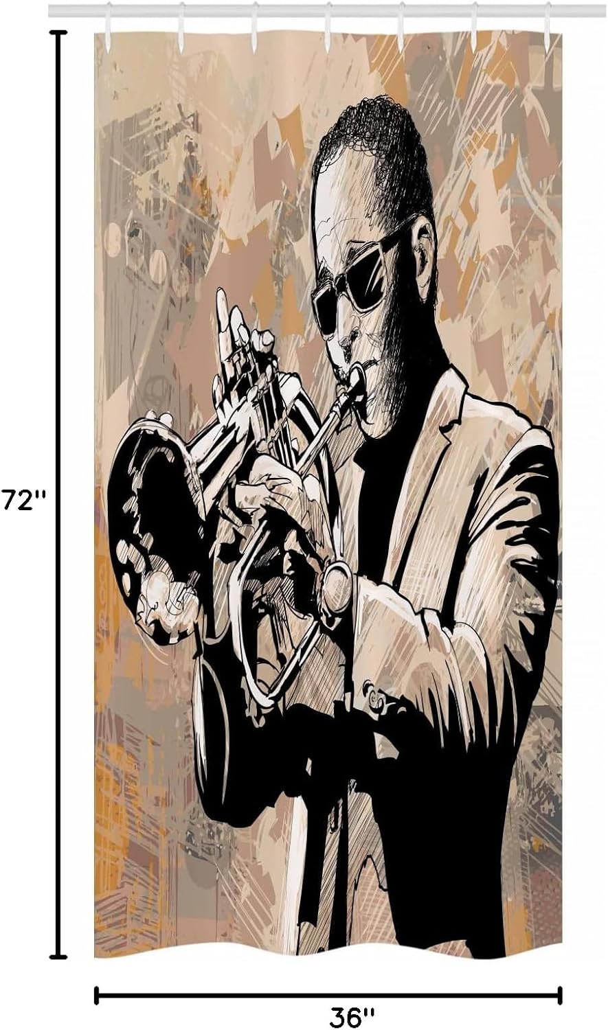 Ambesonne Jazz Music Stall Shower Curtain, Grunge Style Illustration of Musician Sunglasses Playing Trumpet, Fabric Bathroom Decor Set with Hooks, 36" W x 72" L, Beige Black