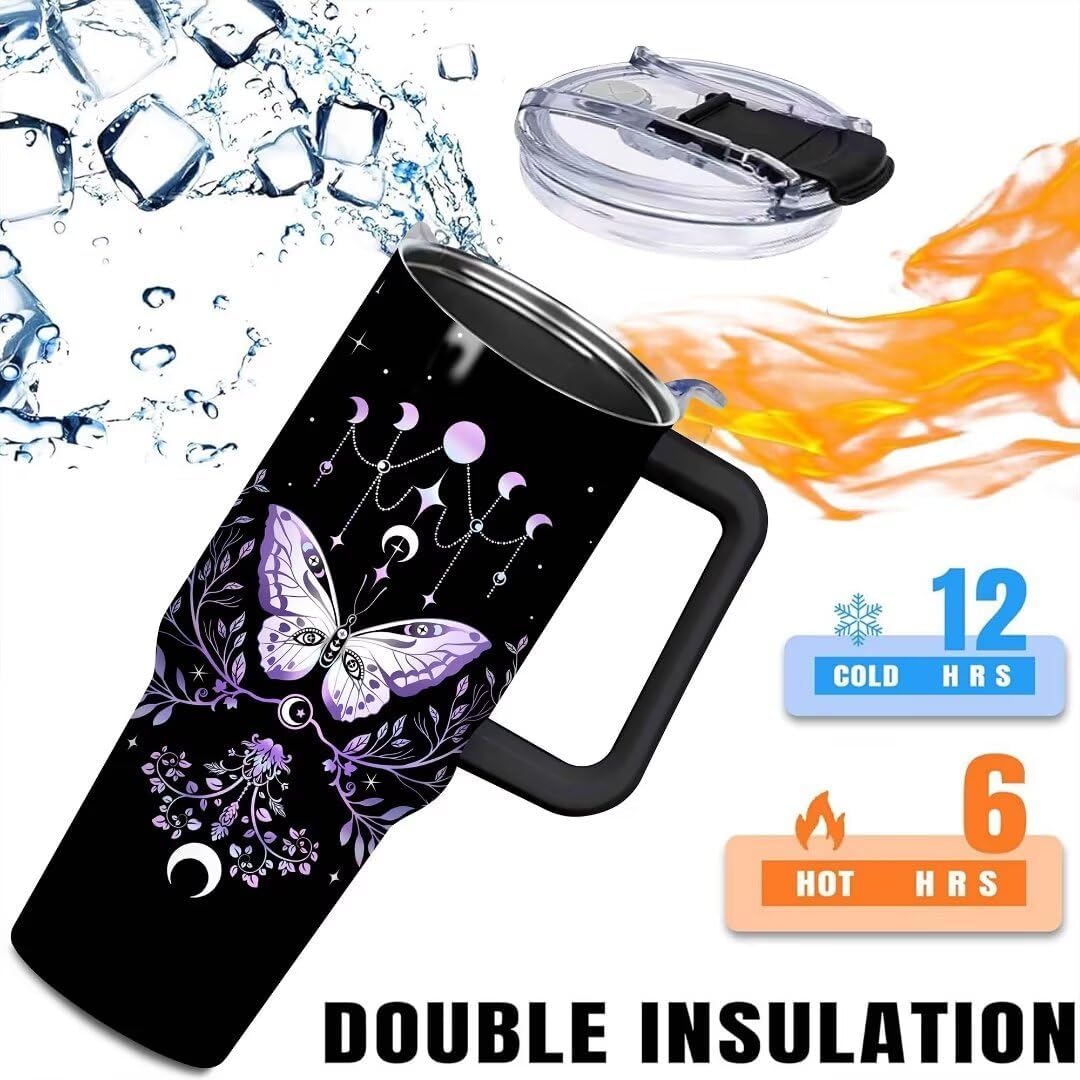 40 oz Gothic Tumbler with Handle and Straw Travel Mug Water Bottle, Stainless Steel Insulated Coffee Cup with Lid and Straw, Birthday Gifts