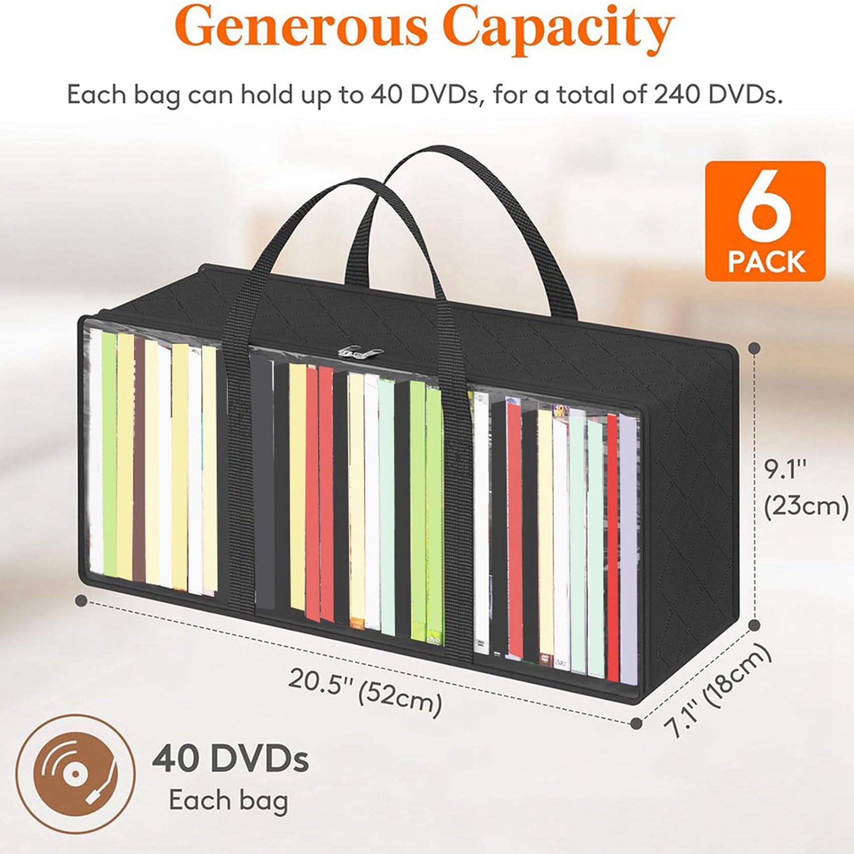12 sacchetti per DVD, organizer trasparente in PVC con manici e chiusura , supporto multimediale