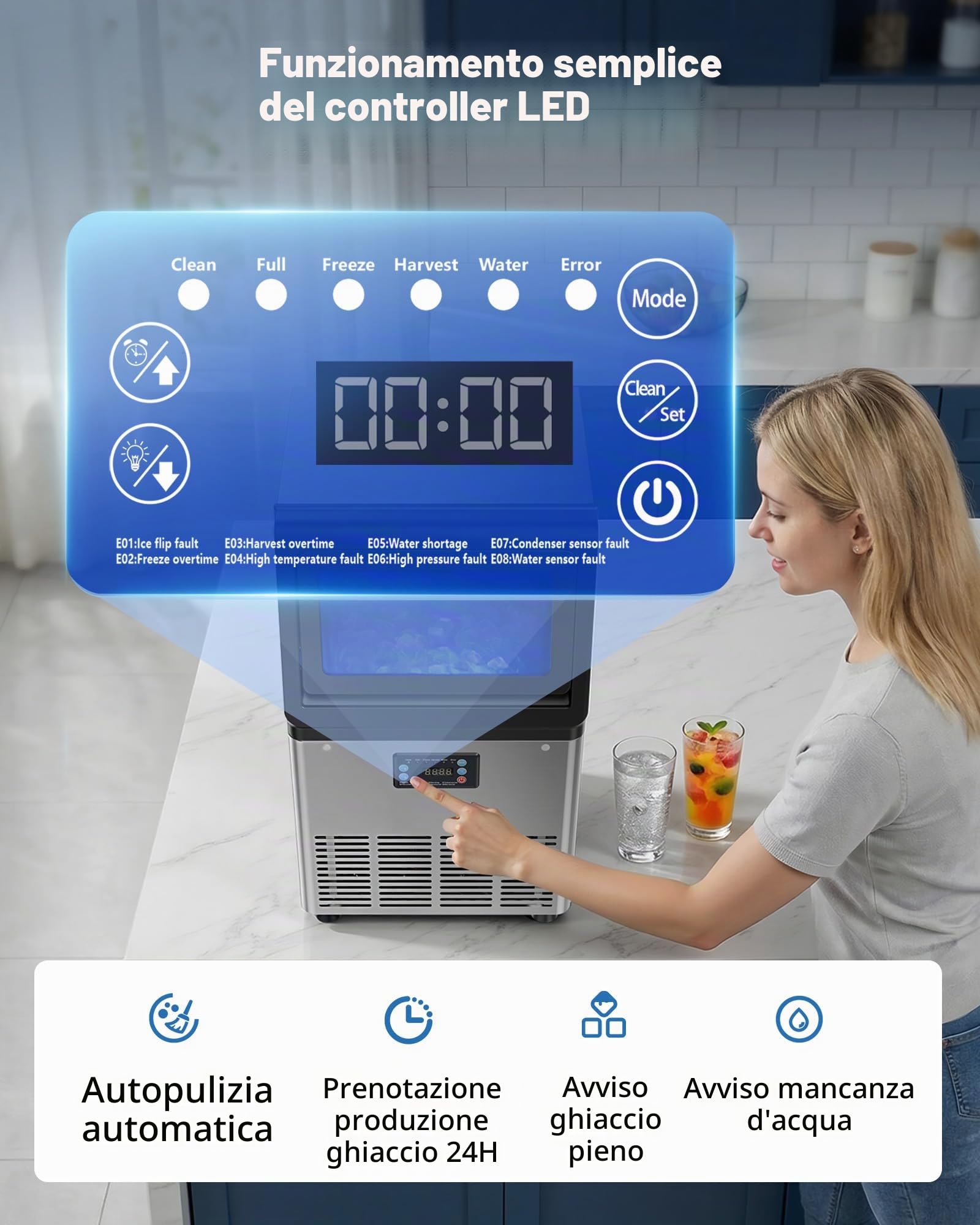 VEVOR Macchina del Ghiaccio 41kg/24h Capacità Stoccaggio 6kg Display LED, Produzione del Ghiaccio Commerciale in Acciaio Inox Funzione Autopulente da Bar Ristorante, Da Banco Sottobanco Indipendente