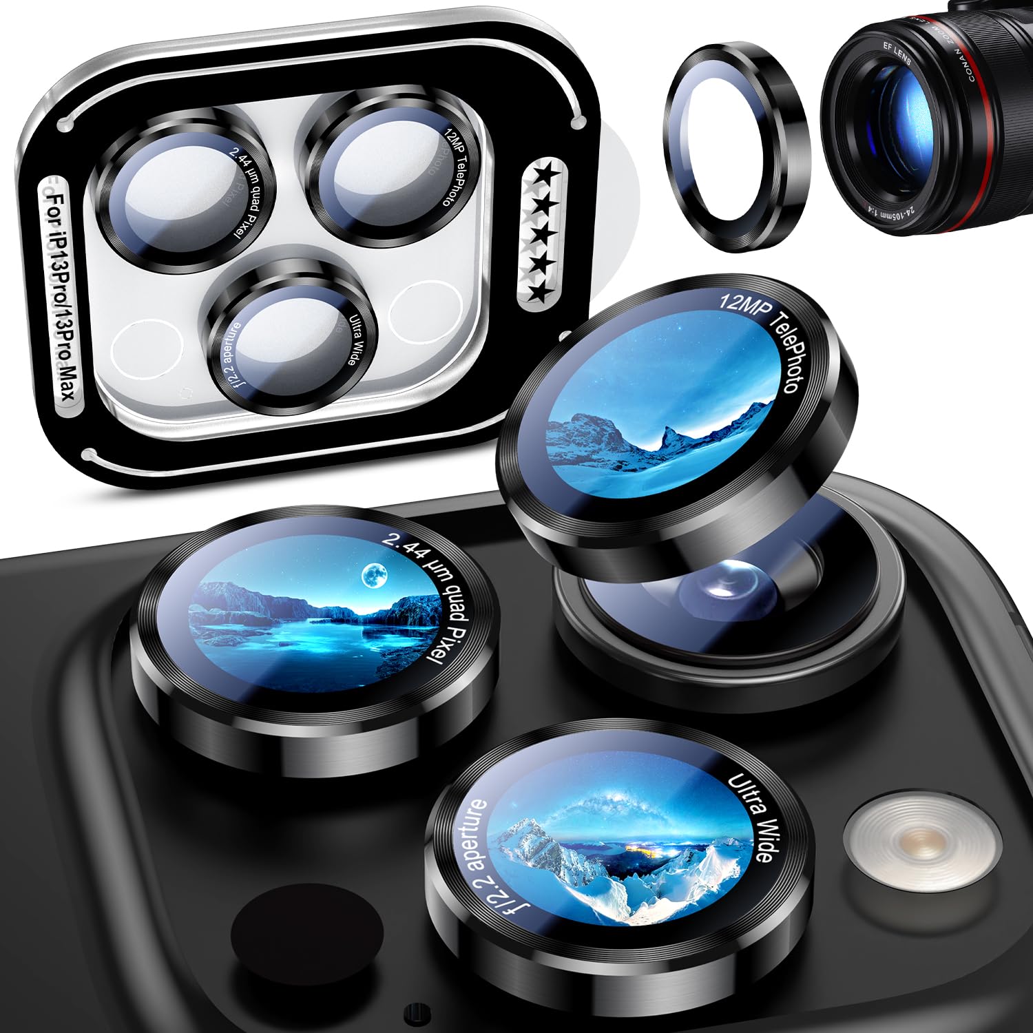 Uyiton for iPhone 13 Pro Max/13 Pro Camera Lens Protector - [2025 Design] Military-Grade Tempered Glass Metal Camera Cover, Outdoor/Travel/Daily Use, Black