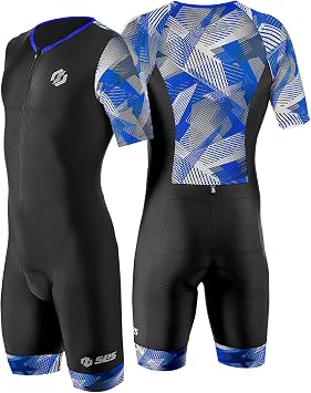 SLS3 Triathlon Suits Mens - Aerodynamic Sleeved Tri Suit Men Lightweight Trisuit with Premium FX Fabrics - 2 Pockets Blue Edge, Large