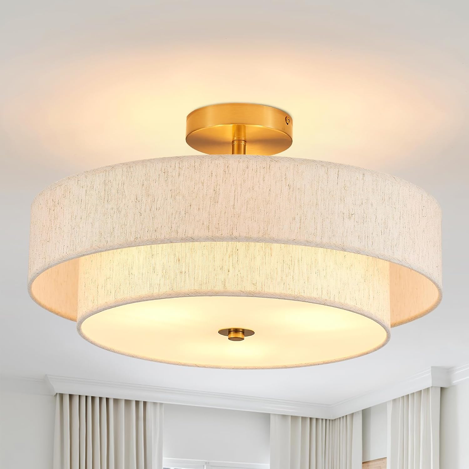 Modern Semi Flush Mount Ceiling Light 18" Modern Gold 3-Lights Drum Ceiling Lighting Fixture Vintage Linen Golden Ceiling Lamp for Laundry Room, Kitchen, Basement, Dining Room, Bedroom 2-Tier Gold