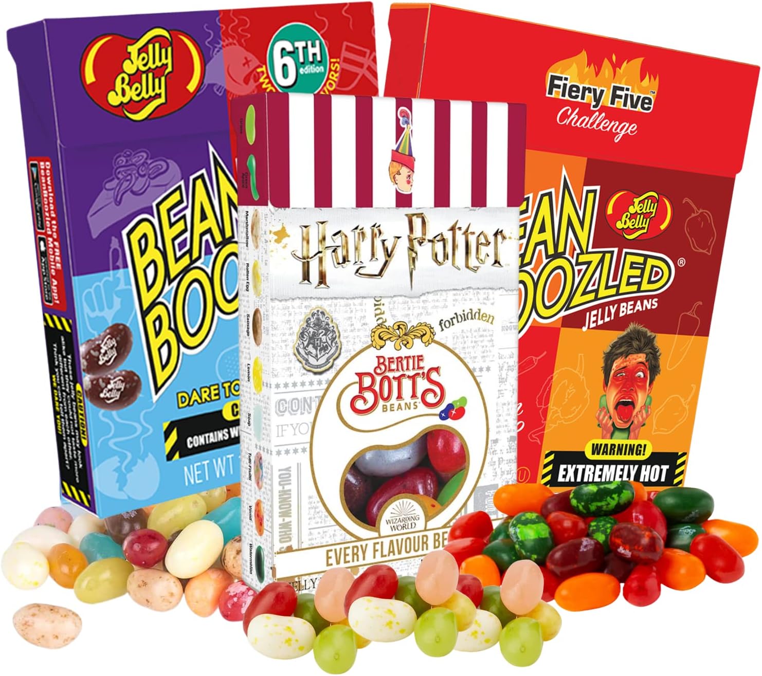 Bean Boozled, Bertie Botts, and Fiery Five 6th Edition Assorted Flavor Jelly Beans, Individually Boxed Weird Flavored Chewy Candies, Refill Boxes for Dispensers and Spinner Challenge Games, Set of 3, 1.5 Ounces